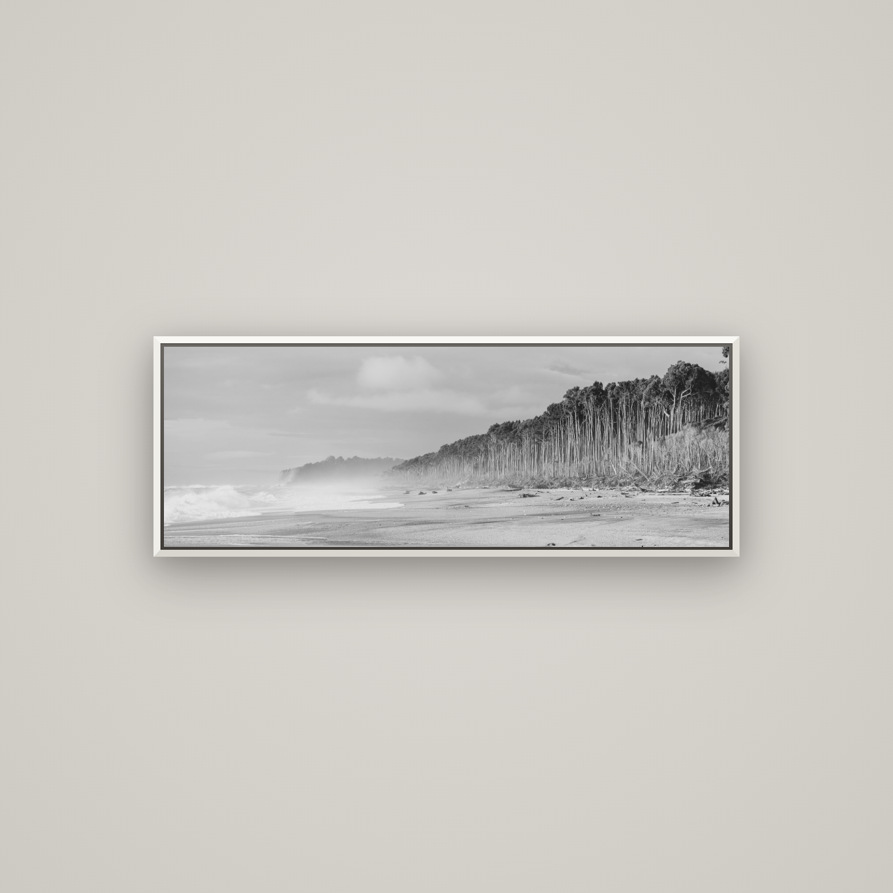Rimu Rhythms, Bruce Bay's Wild Serenity — Basel White, 113×40 cm. New Zealand fine art wall art by Stephen Milner.