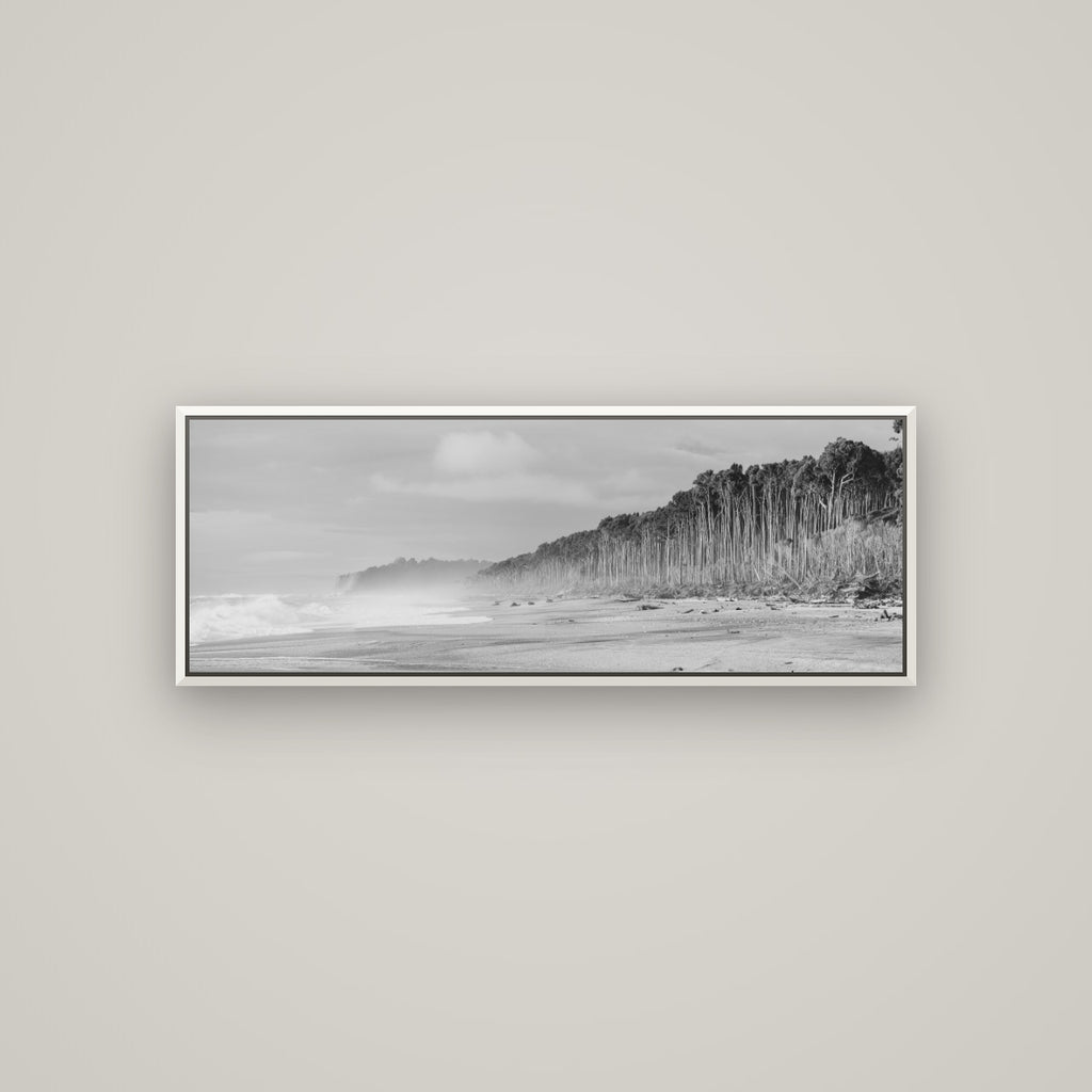 Rimu Rhythms, Bruce Bay's Wild Serenity — Basel White, 113×40 cm. New Zealand fine art wall art by Stephen Milner.