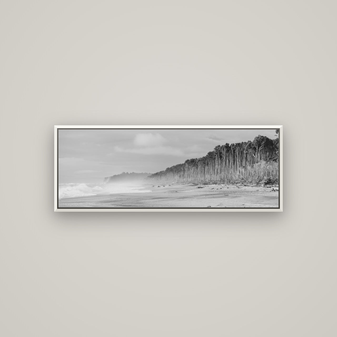 Rimu Rhythms, Bruce Bay's Wild Serenity — Basel White, 113×40 cm. New Zealand fine art wall art by Stephen Milner.