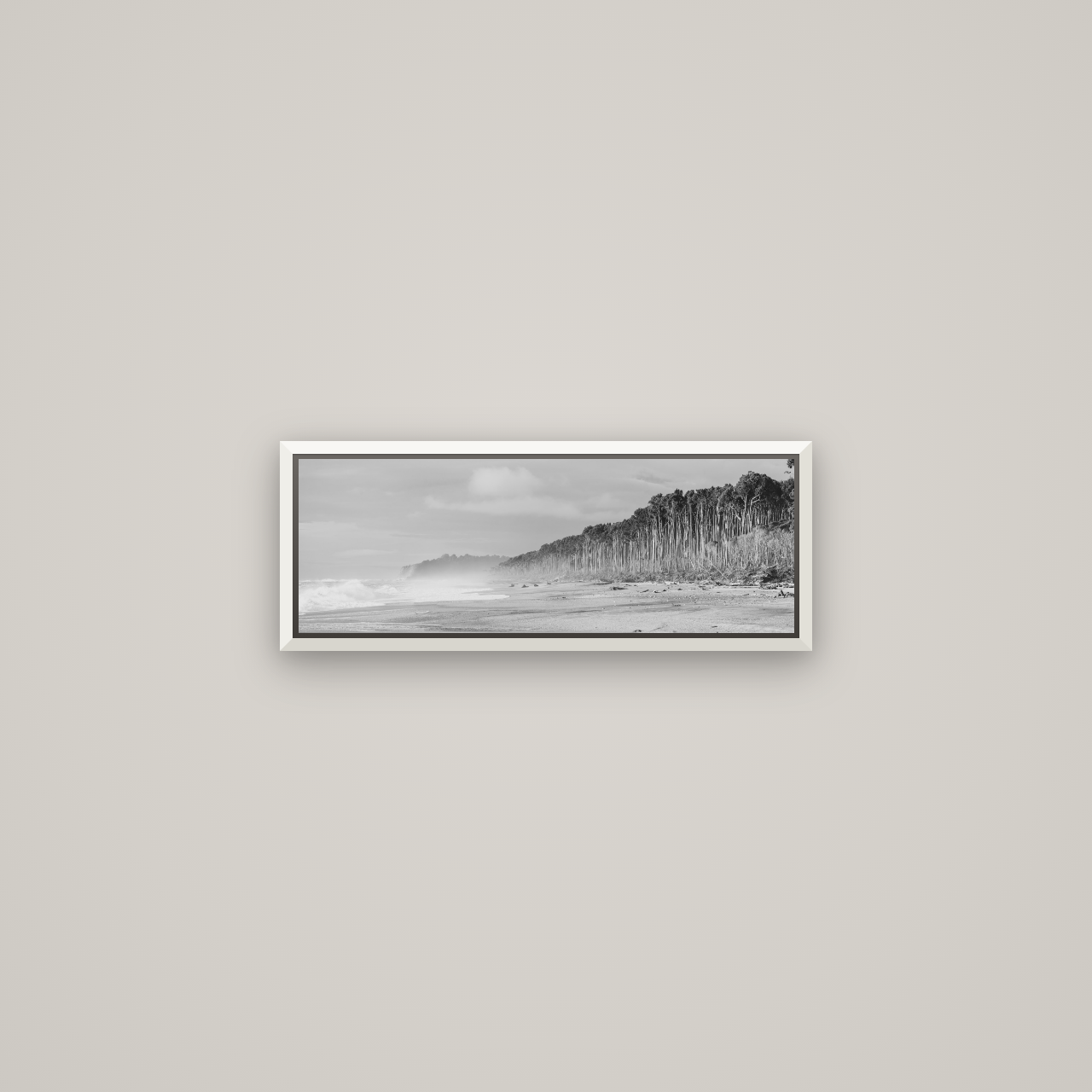 Rimu Rhythms, Bruce Bay's Wild Serenity — Basel White, 57×20 cm. New Zealand fine art wall art by Stephen Milner.
