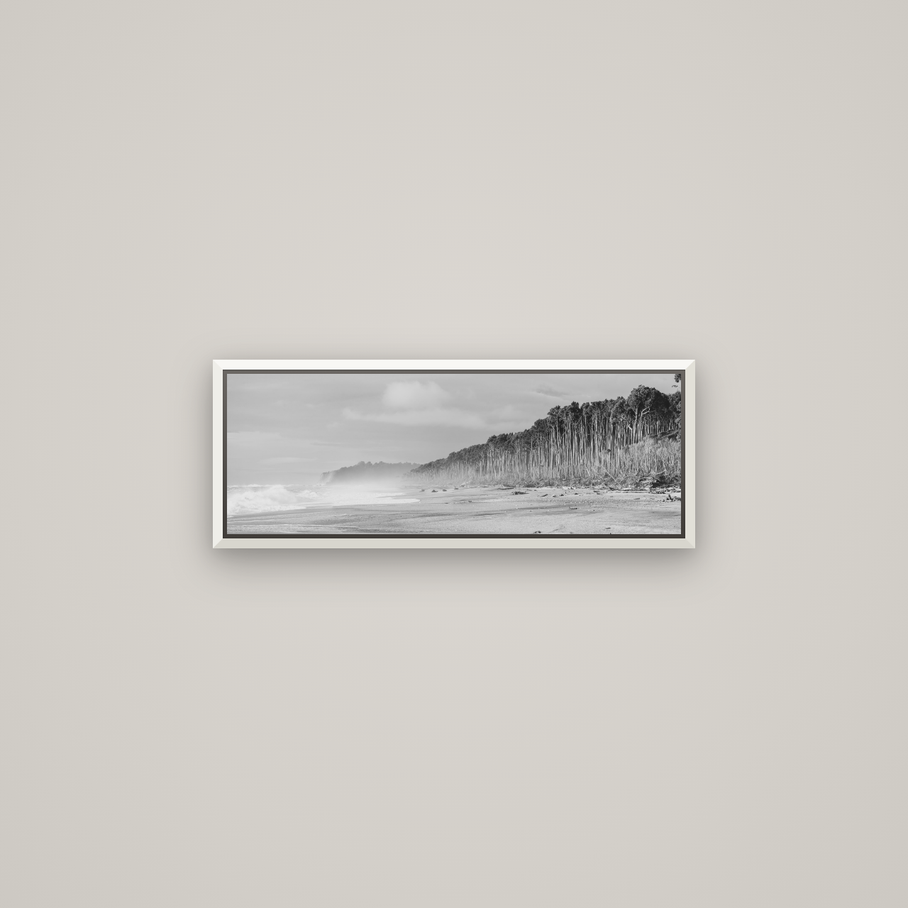 Rimu Rhythms, Bruce Bay's Wild Serenity — Basel White, 68×24 cm. New Zealand fine art wall art by Stephen Milner.