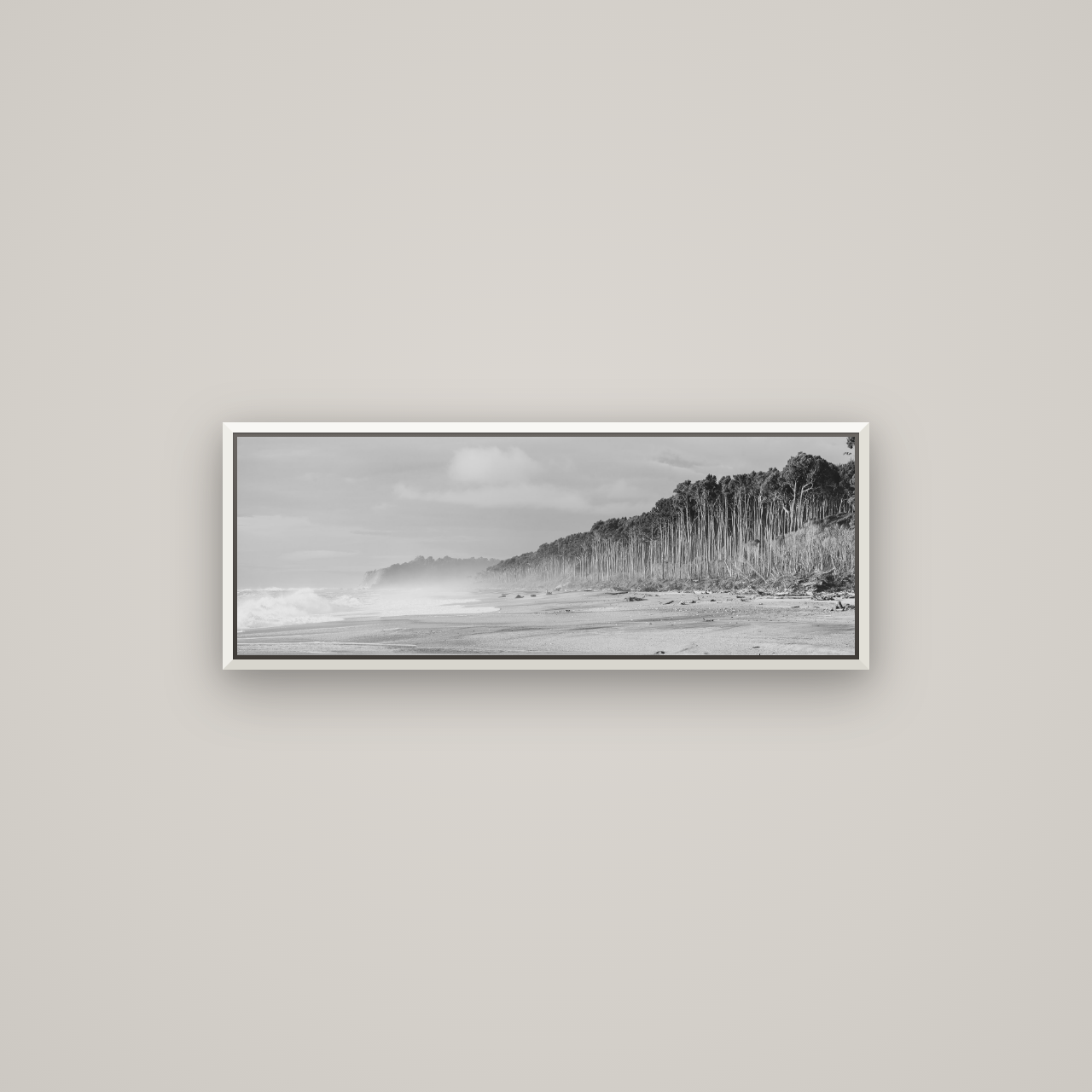 Rimu Rhythms, Bruce Bay's Wild Serenity — Basel White, 85×30 cm. New Zealand fine art wall art by Stephen Milner.