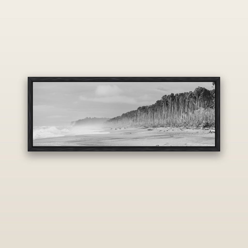 Rimu Rhythms, Bruce Bay's Wild Serenity — black float frame canvas, 152 × 56 cm. New Zealand fine art landscape wall art by Stephen Milner.