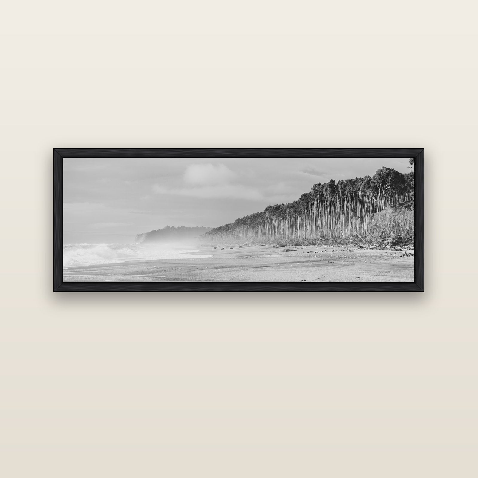 Rimu Rhythms, Bruce Bay's Wild Serenity — black float frame canvas, 152 × 56 cm. New Zealand fine art landscape wall art by Stephen Milner.