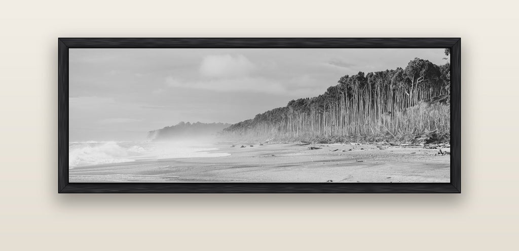 Rimu Rhythms, Bruce Bay's Wild Serenity — black float frame canvas, 152 × 56 cm. New Zealand fine art landscape wall art by Stephen Milner.