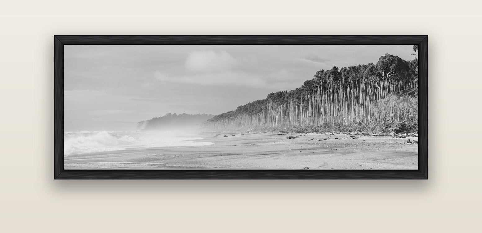 Rimu Rhythms, Bruce Bay's Wild Serenity — black float frame canvas, 152 × 56 cm. New Zealand fine art landscape wall art by Stephen Milner.