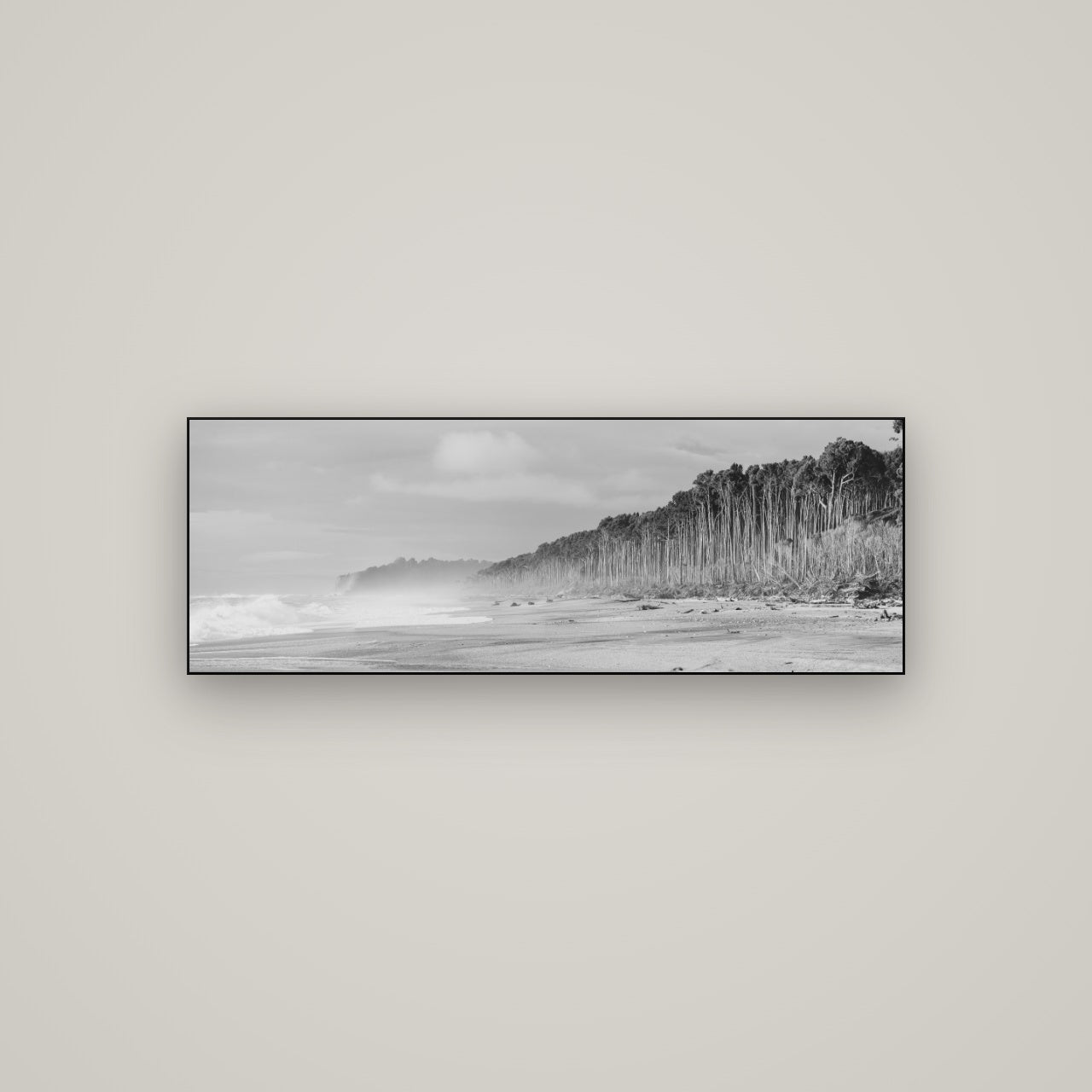 Rimu Rhythms, Bruce Bay's Wild Serenity — Slimline Black, 113×40 cm. New Zealand fine art wall art by Stephen Milner.