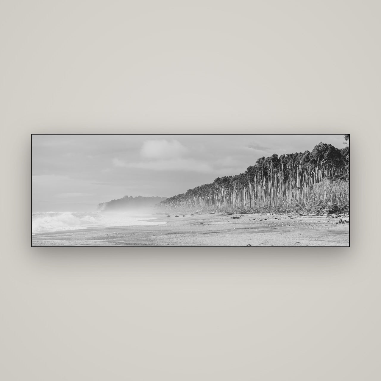 Rimu Rhythms, Bruce Bay's Wild Serenity — Slimline Black, 170×60 cm. New Zealand fine art wall art by Stephen Milner.