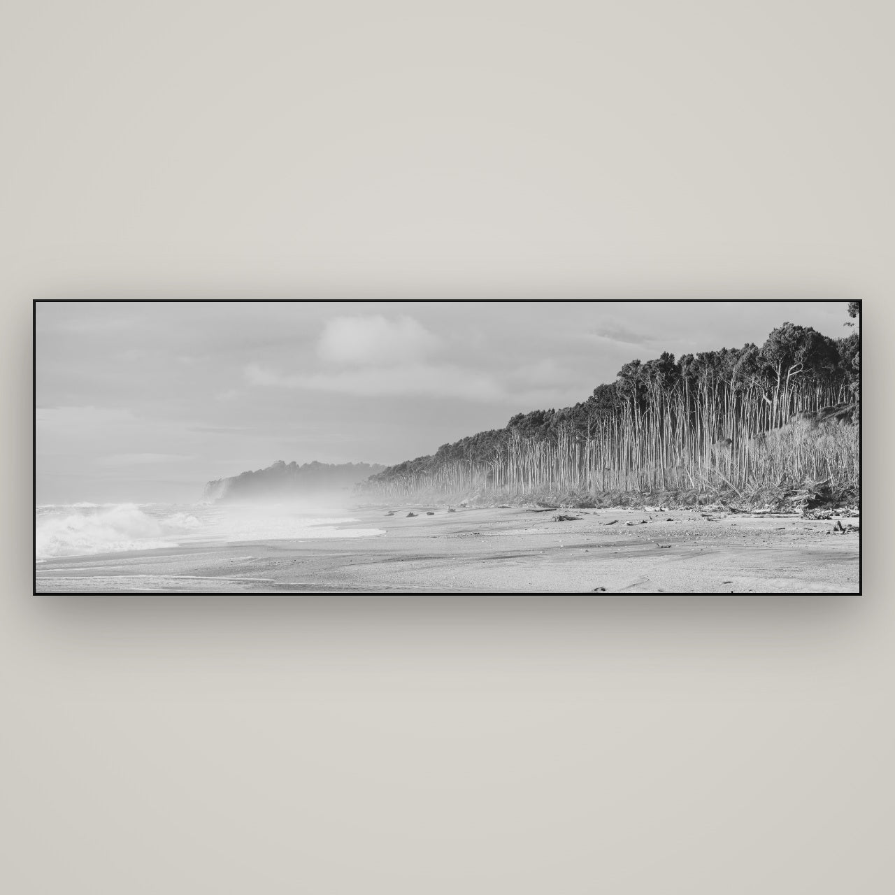 Rimu Rhythms, Bruce Bay's Wild Serenity — Slimline Black, 198×70 cm. New Zealand fine art wall art by Stephen Milner.