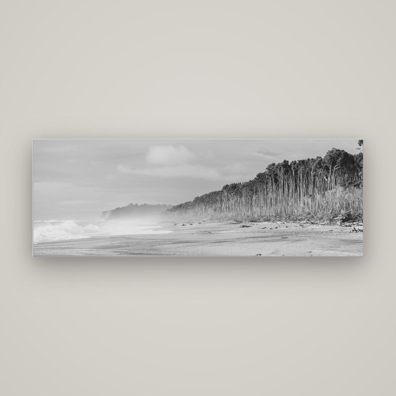 Rimu Rhythms, Bruce Bay's Wild Serenity — Slimline Silver, 170×60 cm. New Zealand fine art wall art by Stephen Milner.