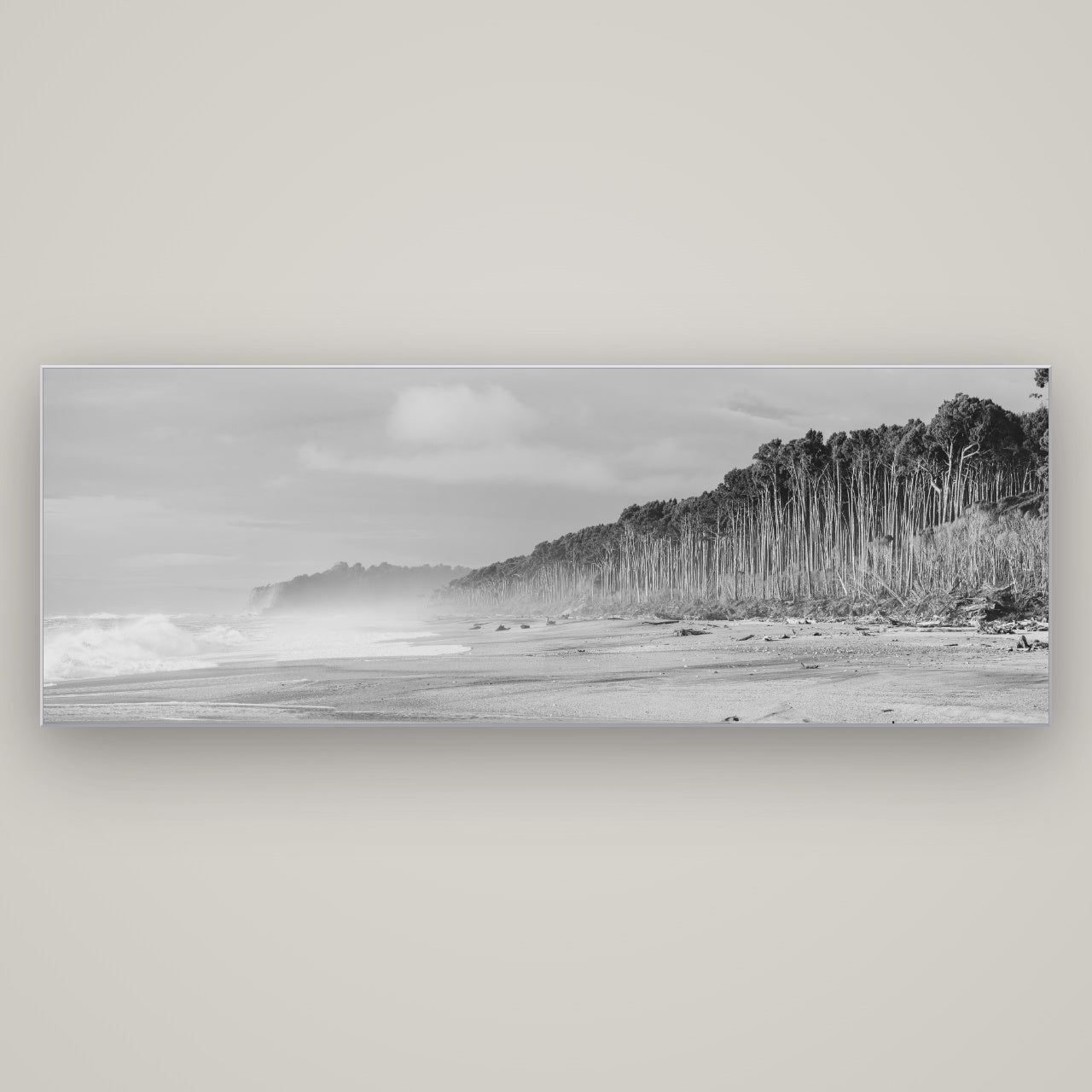 Rimu Rhythms, Bruce Bay's Wild Serenity — Slimline Silver, 198×70 cm. New Zealand fine art wall art by Stephen Milner.