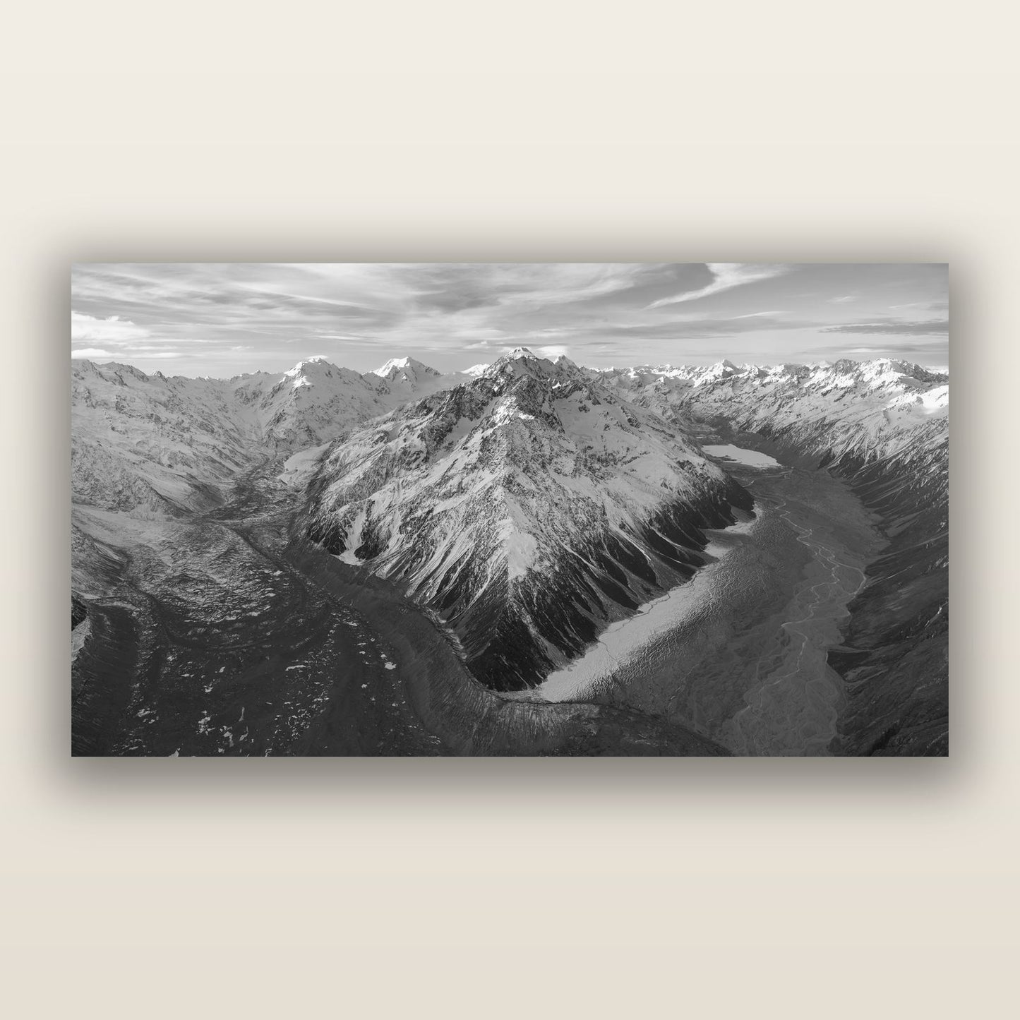 Rivers of Ice, Southern Alps — black and white frameless acrylic glass print. New Zealand fine art photography by Stephen Milner.