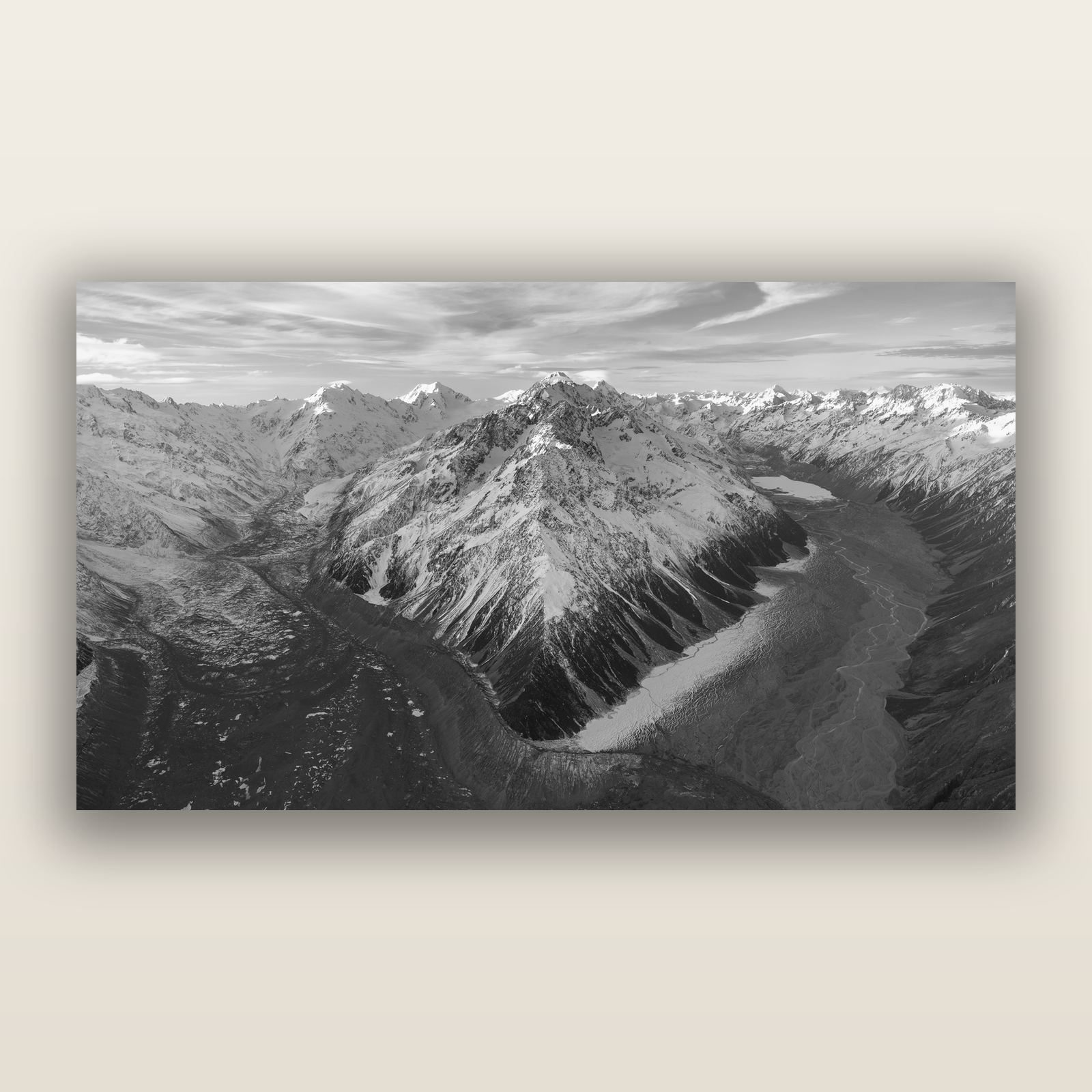 Rivers of Ice, Southern Alps, black and white frameless acrylic glass print. New Zealand fine art photography by Stephen Milner.