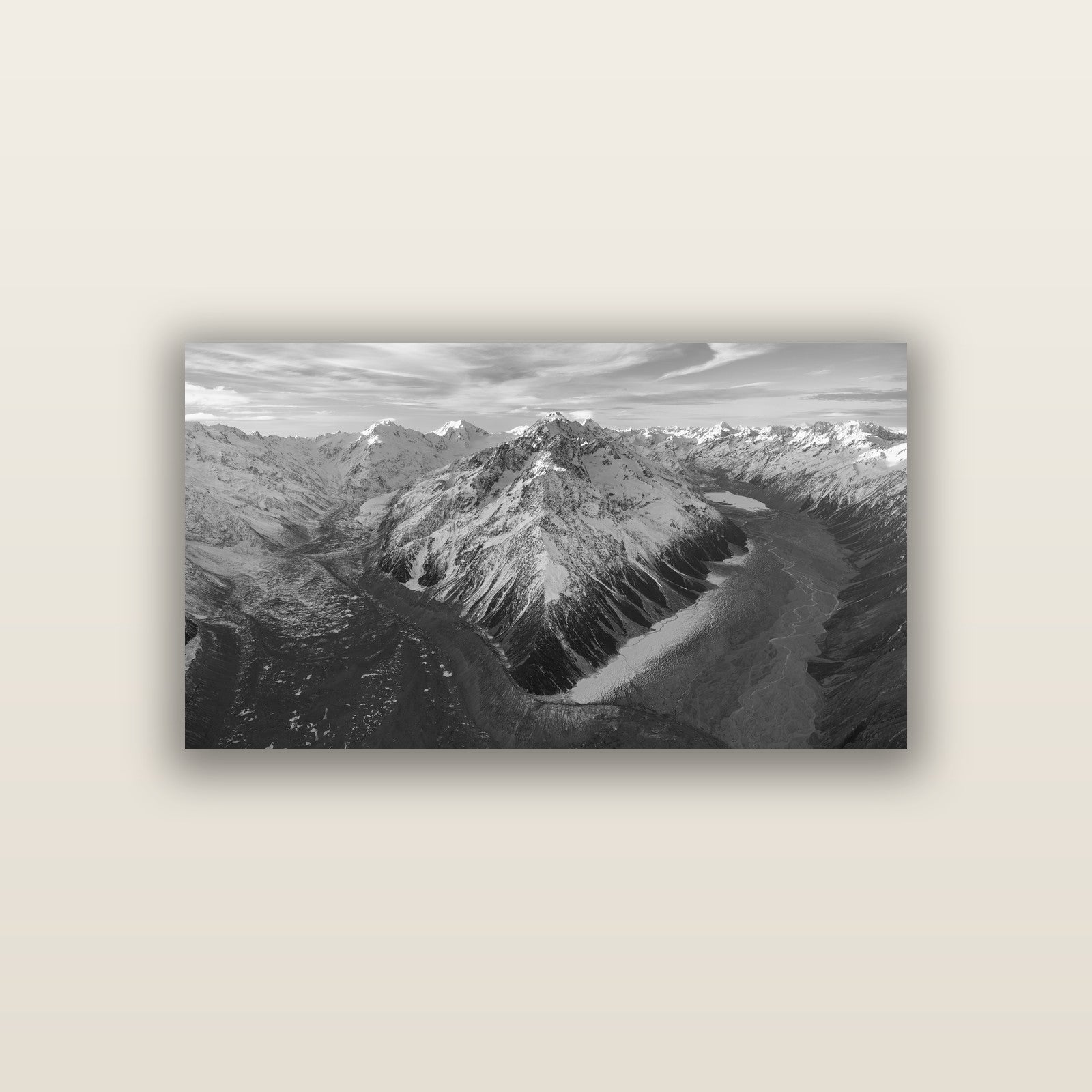 Rivers of Ice, Southern Alps — acrylic panel print, small 76 × 38 cm. New Zealand fine art landscape wall art by Stephen Milner.
