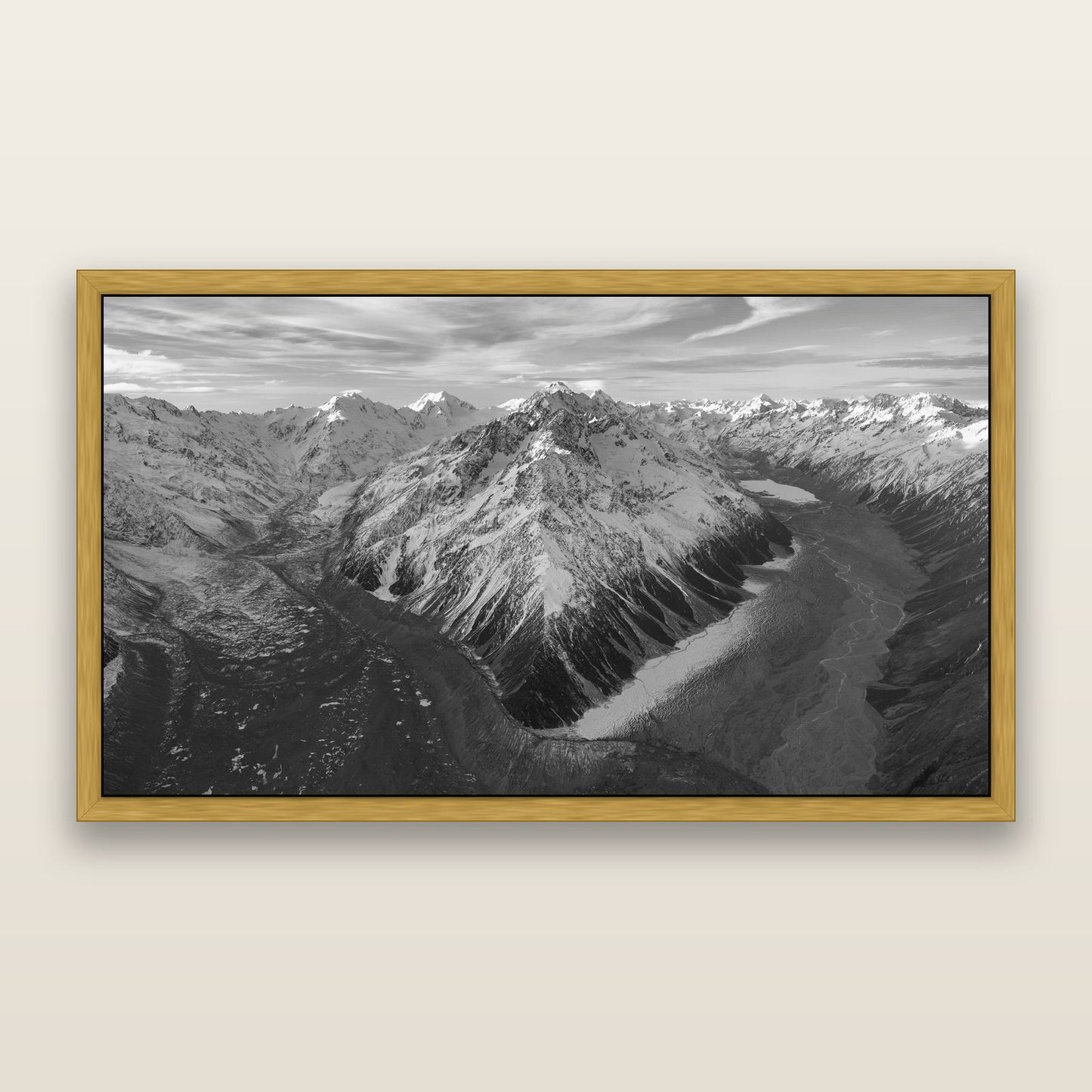 Rivers of Ice, Southern Alps — black and white framed metallic canvas print, Antique Gold frame. New Zealand fine art wall art by Stephen Milner.