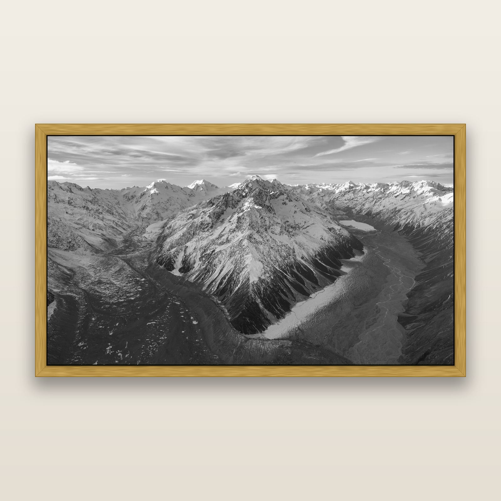 Rivers of Ice, Southern Alps, black and white framed metallic canvas print, Antique Gold frame. New Zealand fine art wall art by Stephen Milner.
