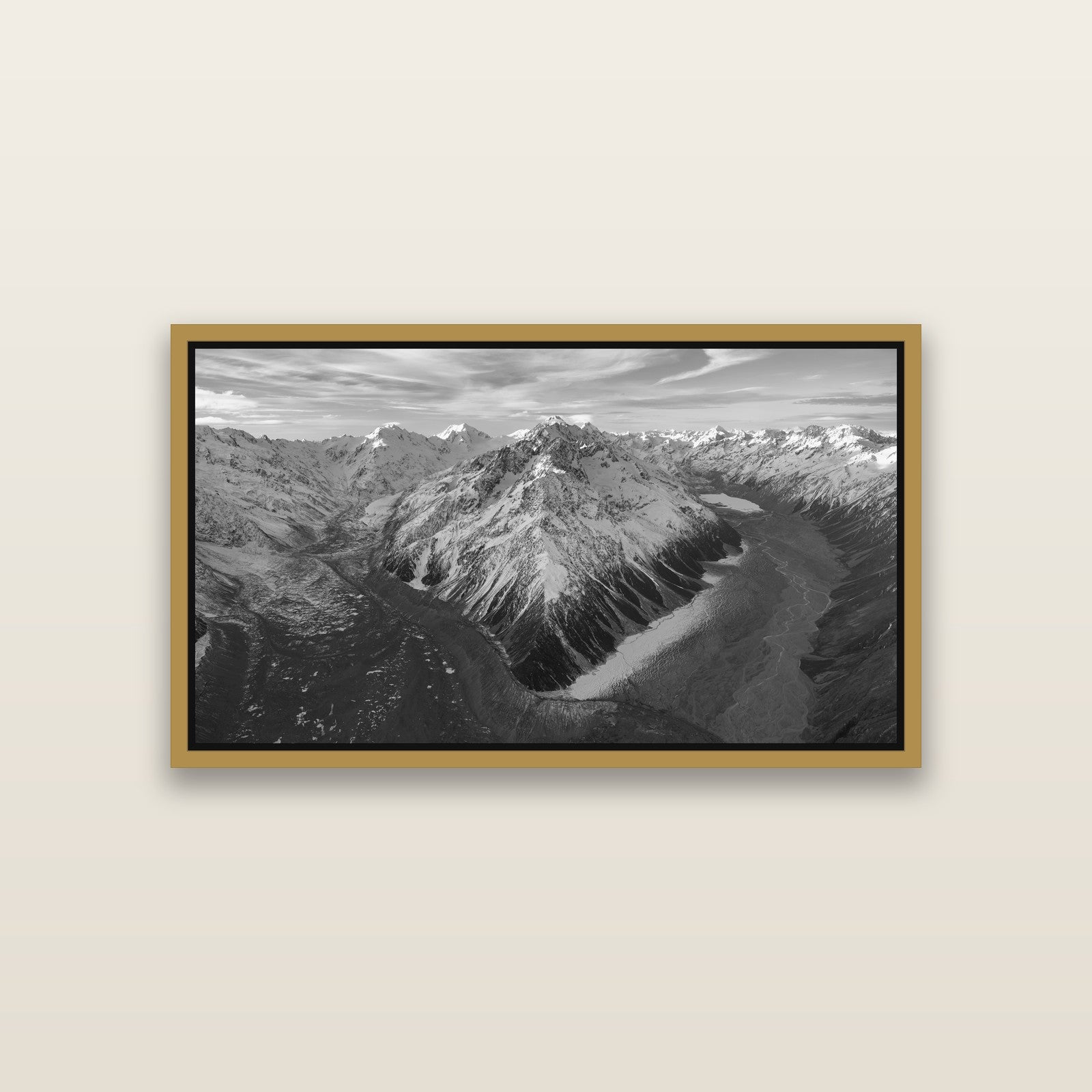 Rivers of Ice, Southern Alps — Antique Gold framed metallic canvas print, small 81 × 46 cm. New Zealand fine art landscape wall art by Stephen Milner.