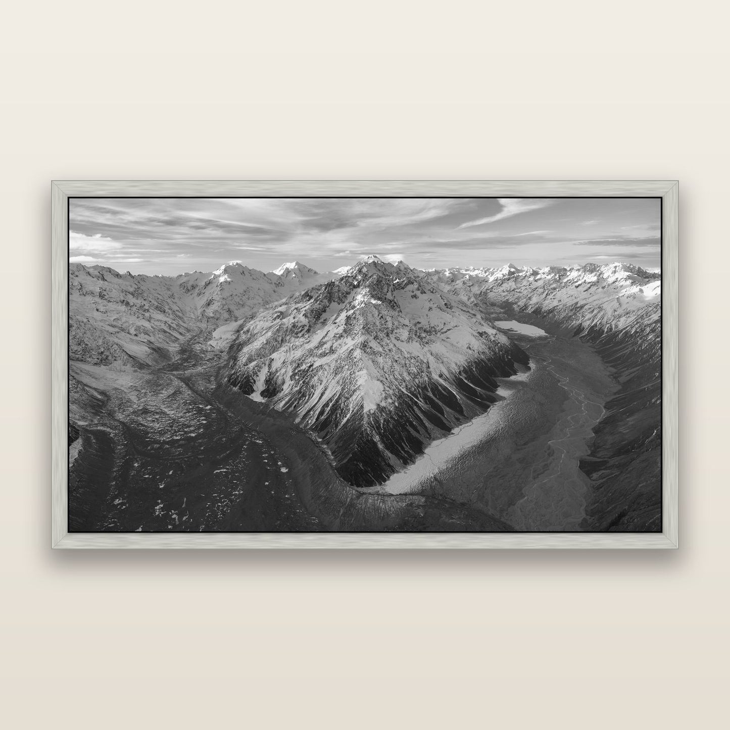 Rivers of Ice, Southern Alps — black and white framed metallic canvas print, Antique Silver frame. New Zealand fine art wall art by Stephen Milner.