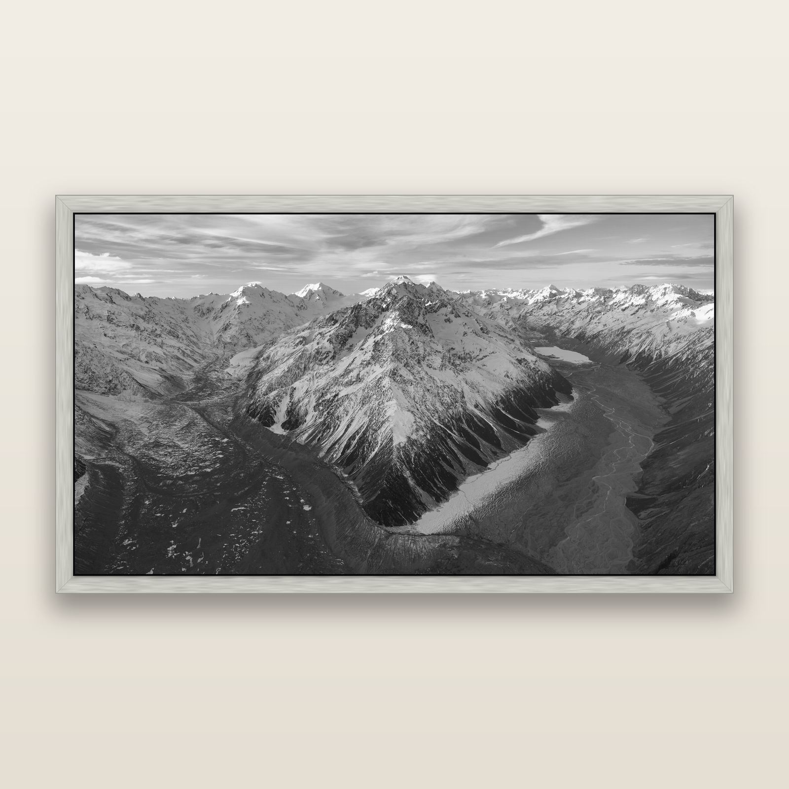 Rivers of Ice, Southern Alps, black and white framed metallic canvas print, Antique Silver frame. New Zealand fine art wall art by Stephen Milner.