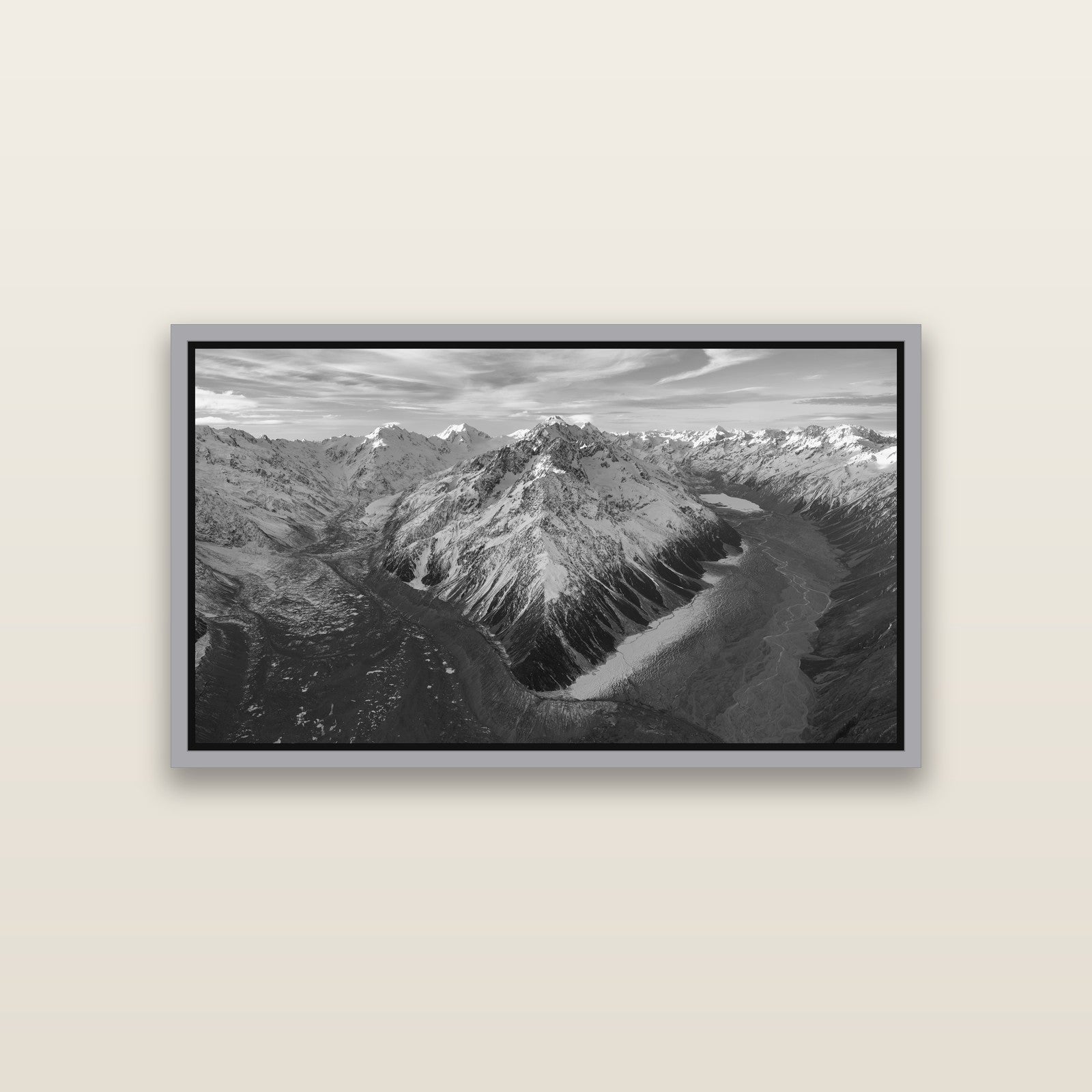 Rivers of Ice, Southern Alps — Antique Silver framed metallic canvas print, small 81 × 46 cm. New Zealand fine art landscape wall art by Stephen Milner.