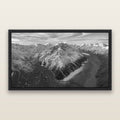 Rivers of Ice, Southern Alps, black and white framed metallic canvas print, Black frame. New Zealand fine art wall art by Stephen Milner.