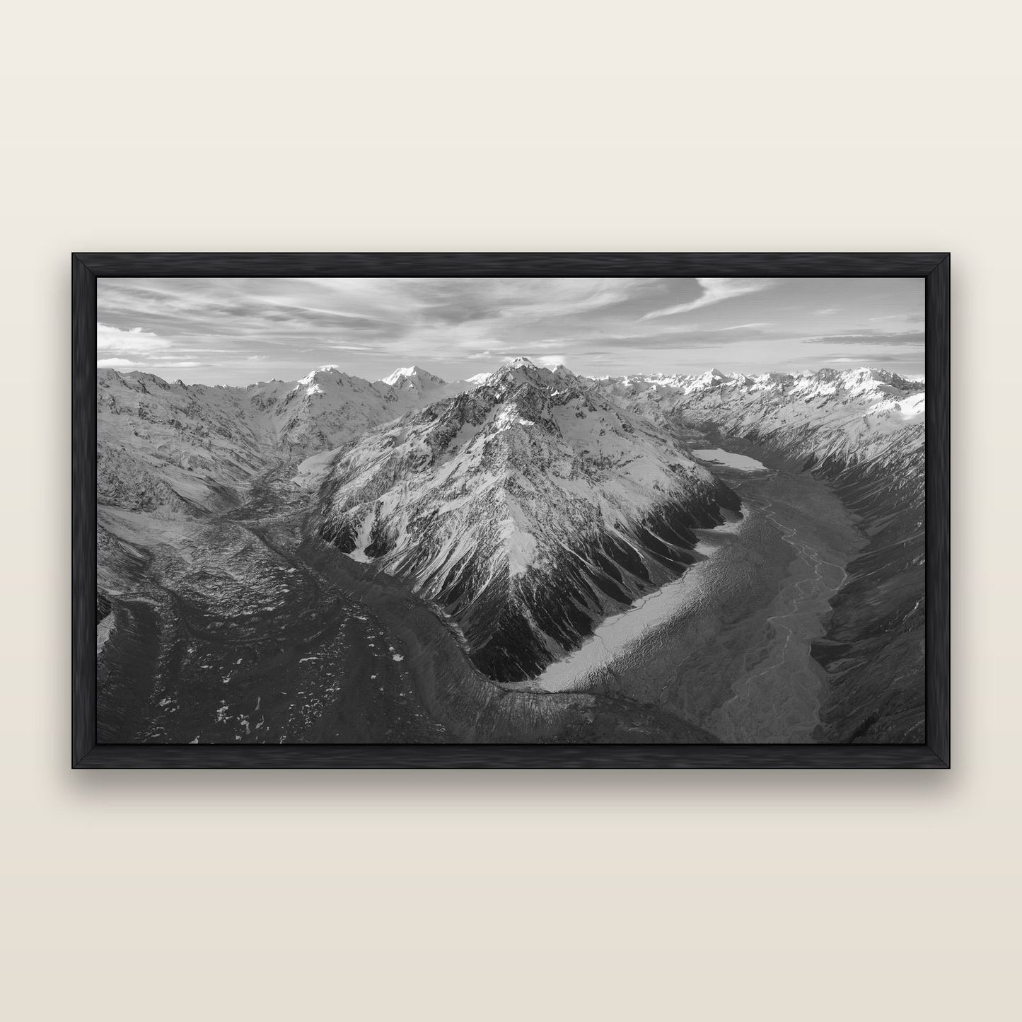 Rivers of Ice, Southern Alps — black and white framed metallic canvas print, Black frame. New Zealand fine art wall art by Stephen Milner.