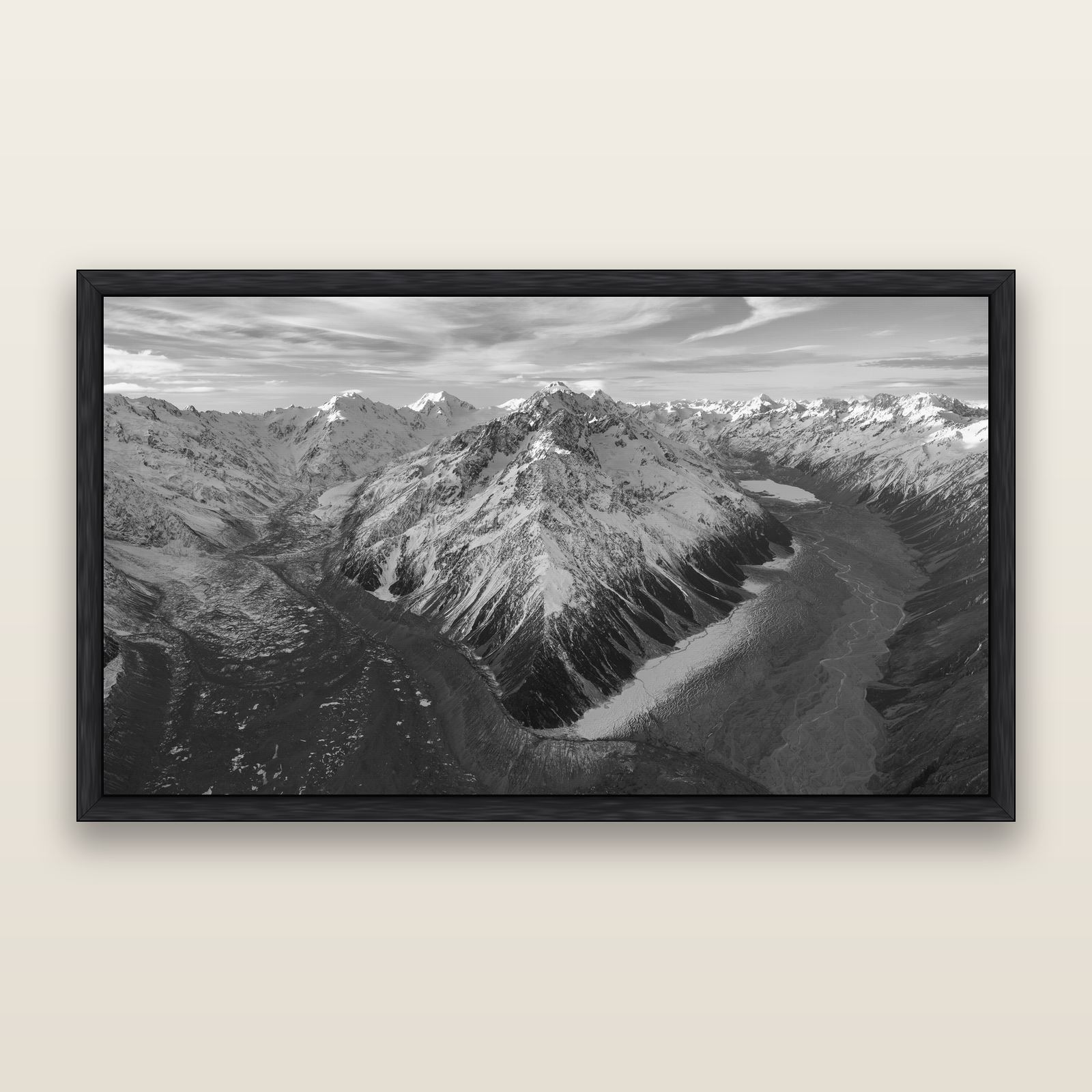 Rivers of Ice, Southern Alps — black and white framed metallic canvas print, Black frame. New Zealand fine art wall art by Stephen Milner.