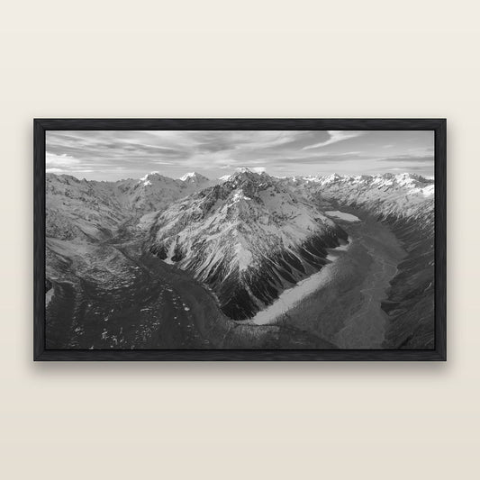 Rivers of Ice, Southern Alps, black and white framed metallic canvas print, Black frame. New Zealand fine art wall art by Stephen Milner.