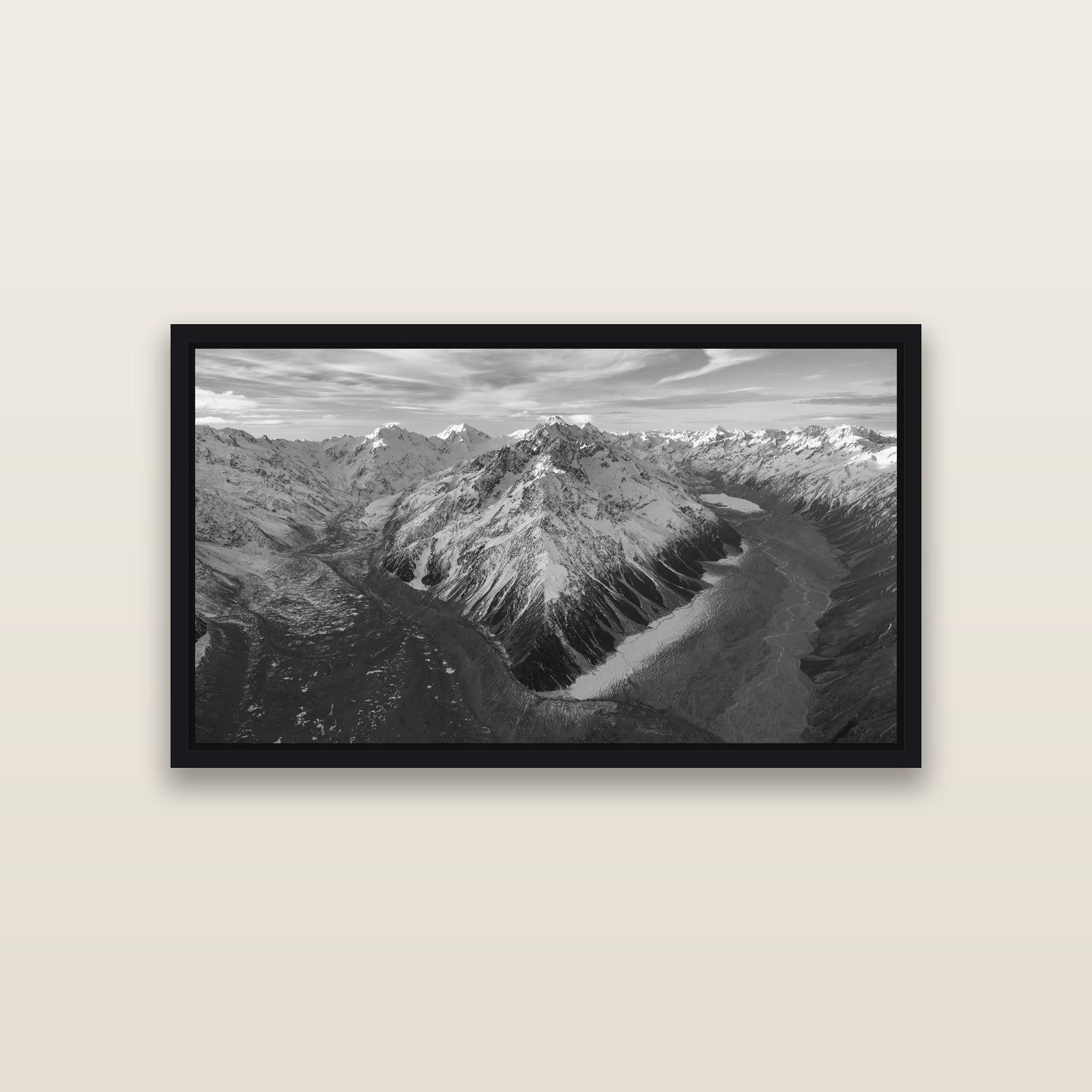 Rivers of Ice, Southern Alps — Black framed metallic canvas print, small 81 × 46 cm. New Zealand fine art landscape wall art by Stephen Milner.