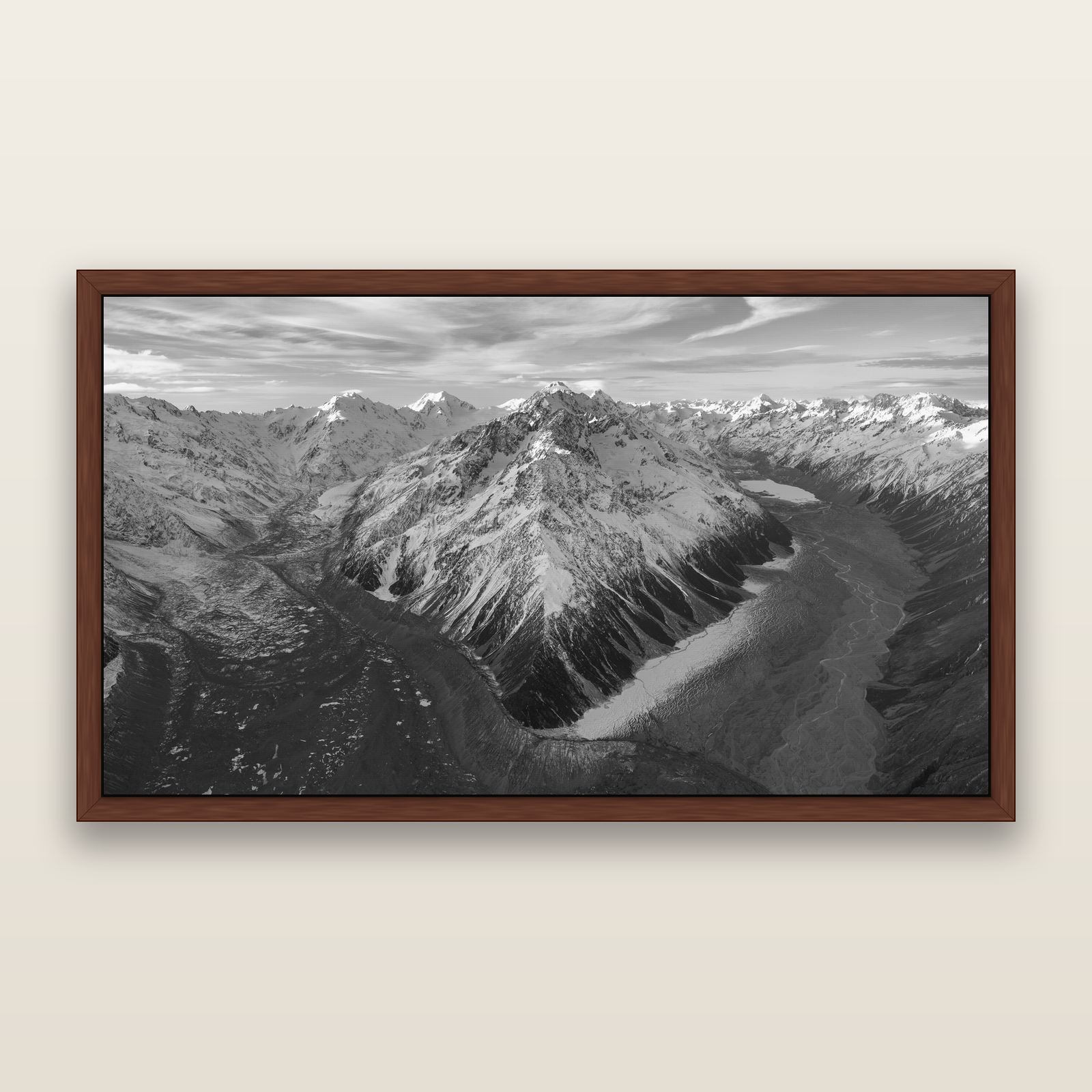 Rivers of Ice, Southern Alps, black and white framed metallic canvas print, Brown frame. New Zealand fine art wall art by Stephen Milner.
