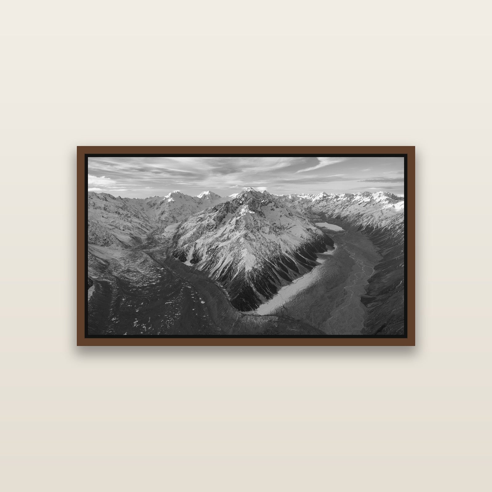 Rivers of Ice, Southern Alps — Brown framed metallic canvas print, small 81 × 46 cm. New Zealand fine art landscape wall art by Stephen Milner.