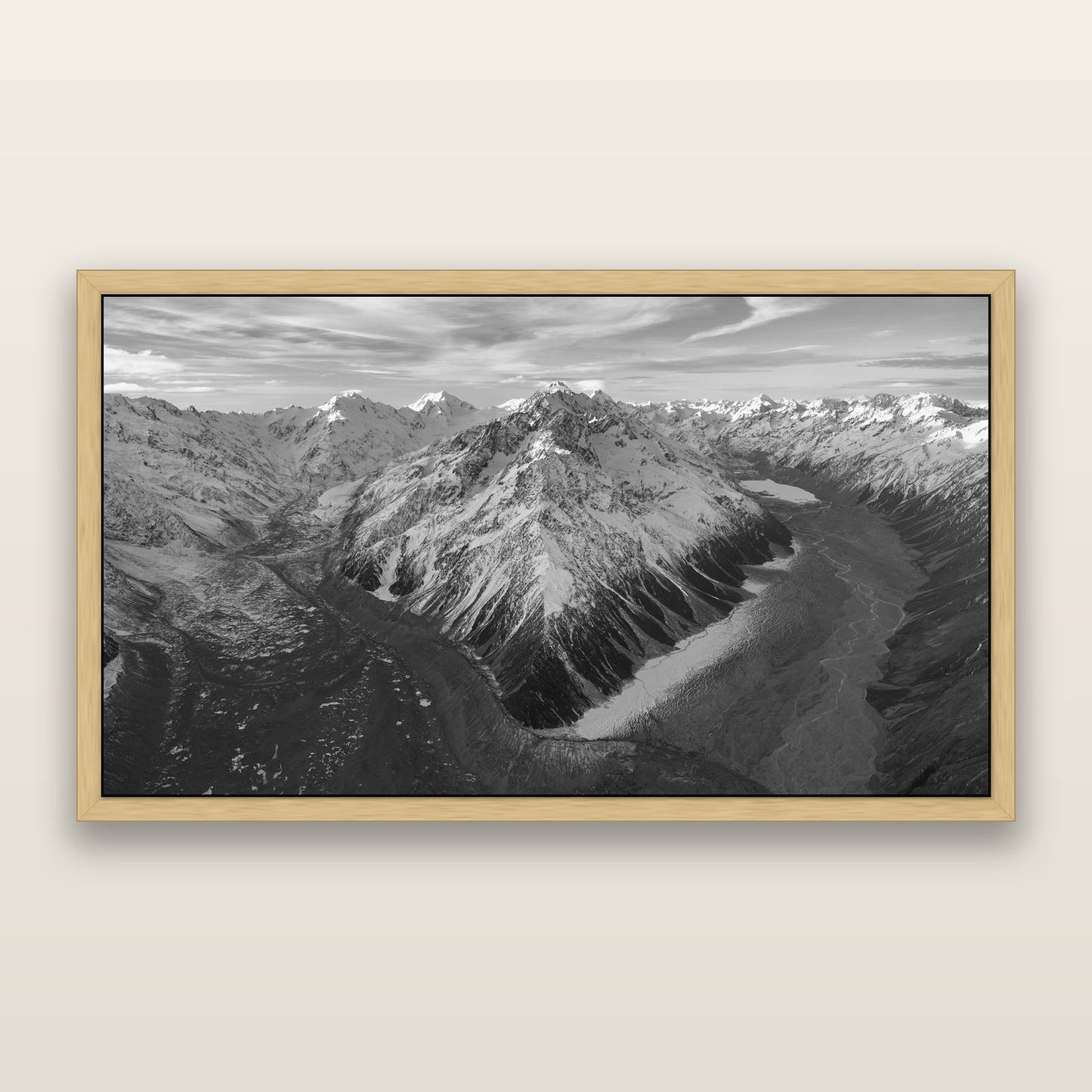 Rivers of Ice, Southern Alps — black and white framed metallic canvas print, Natural frame. New Zealand fine art wall art by Stephen Milner.