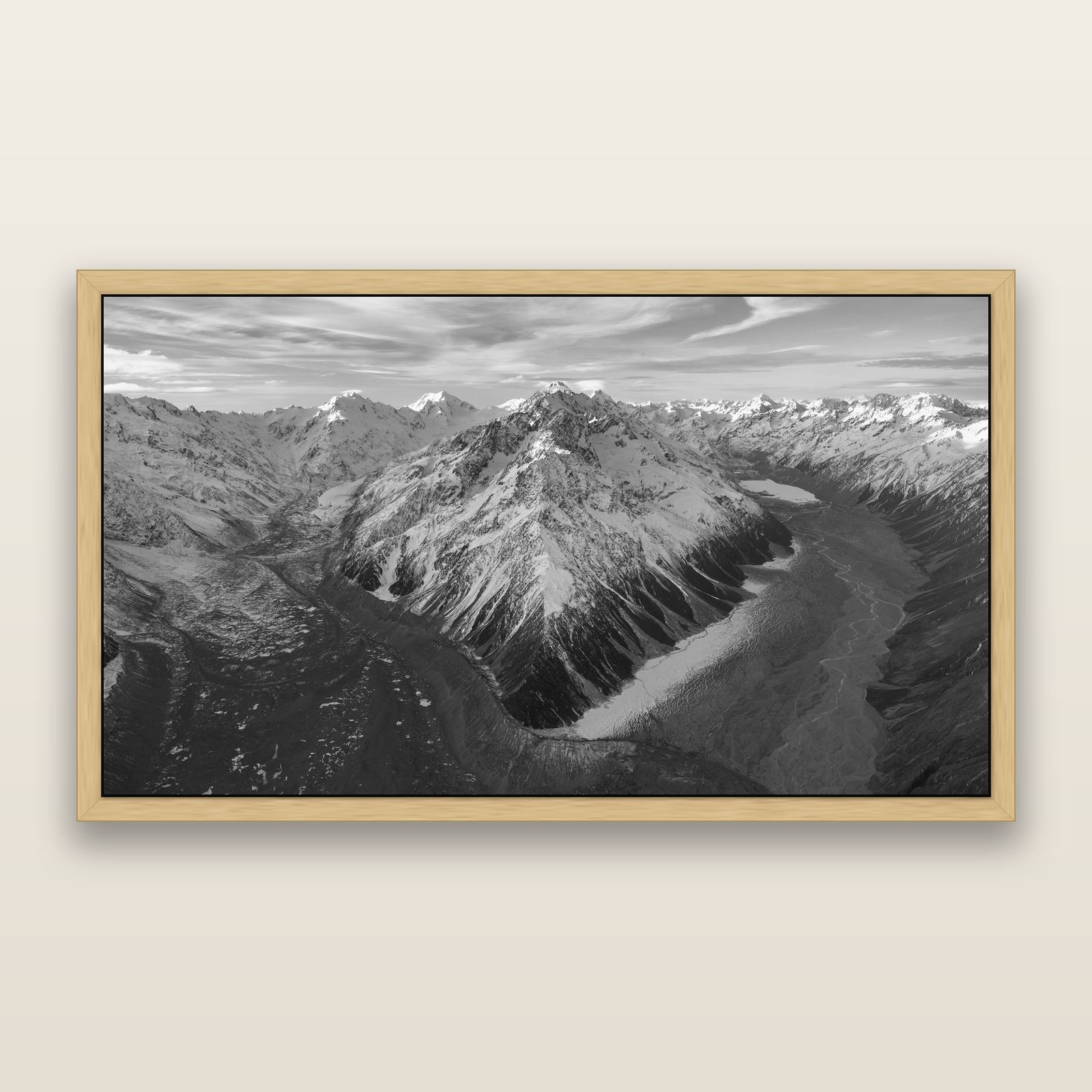 Rivers of Ice, Southern Alps, black and white framed metallic canvas print, Natural frame. New Zealand fine art wall art by Stephen Milner.