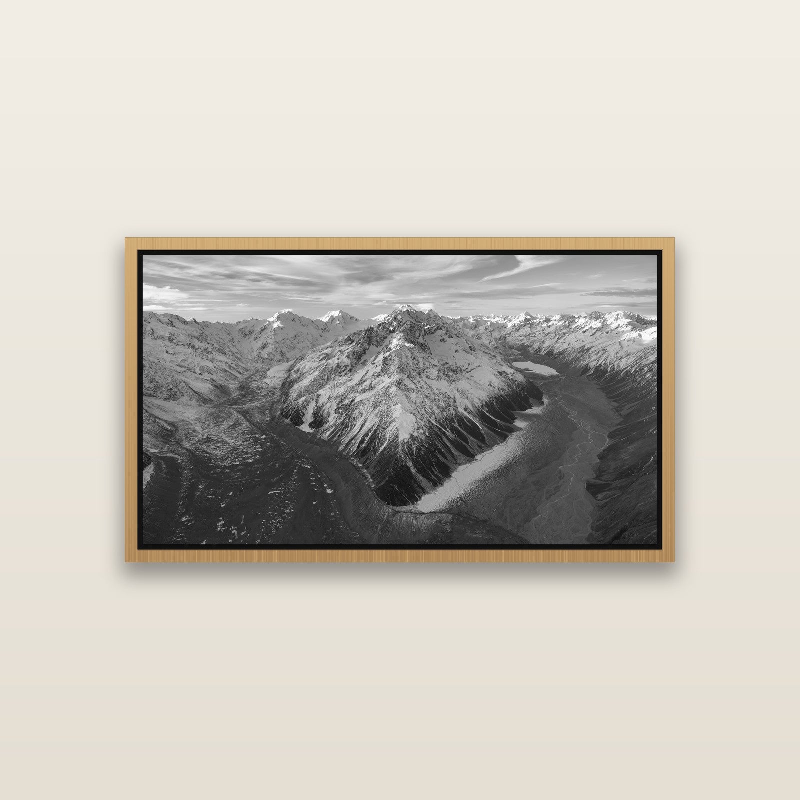 Rivers of Ice, Southern Alps — Natural framed metallic canvas print, small 81 × 46 cm. New Zealand fine art landscape wall art by Stephen Milner.