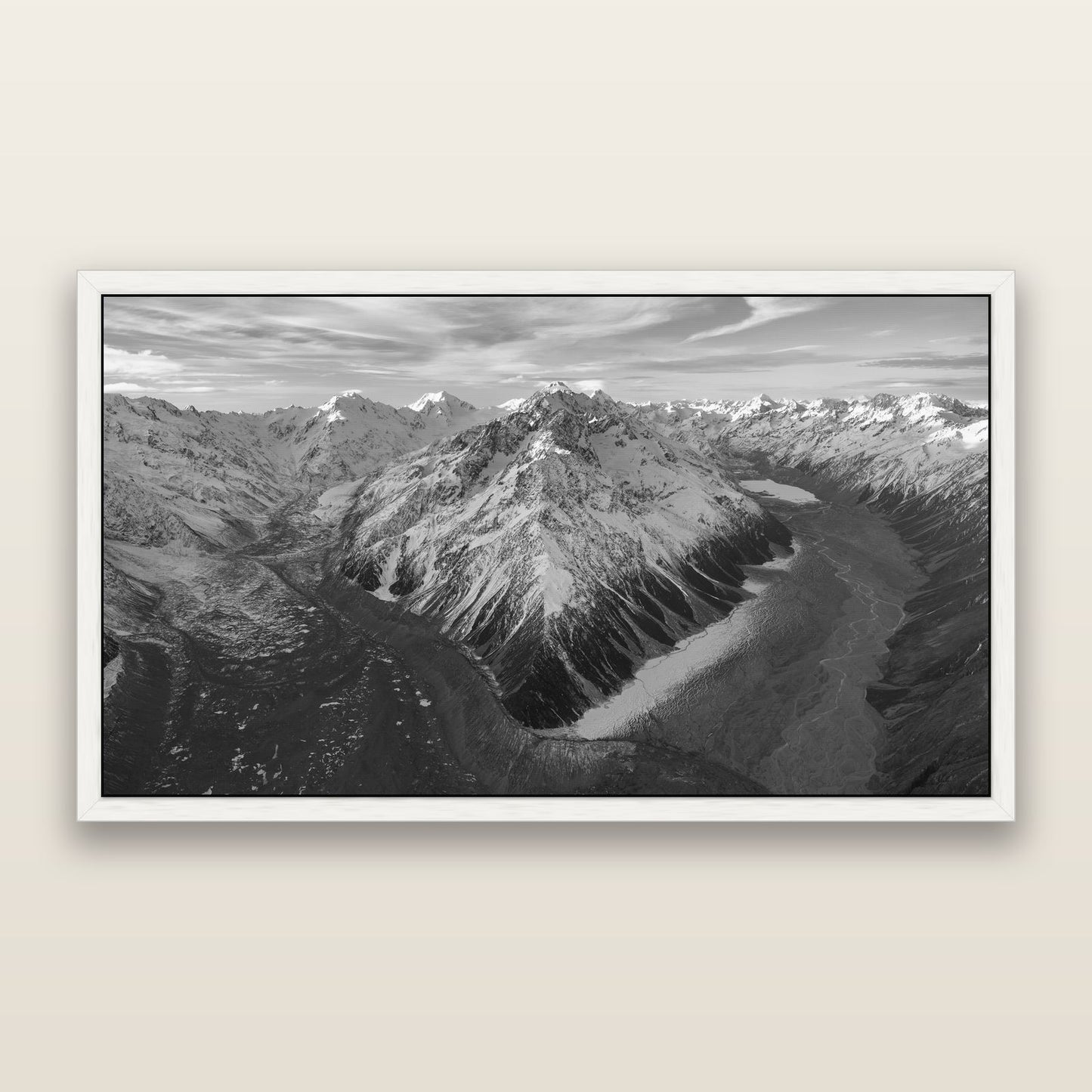 Rivers of Ice, Southern Alps — black and white framed metallic canvas print, White frame. New Zealand fine art wall art by Stephen Milner.