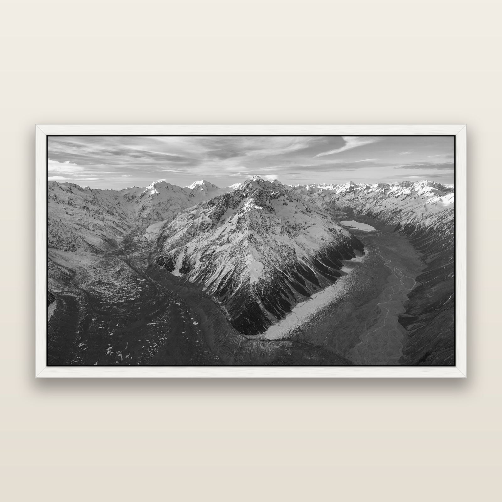 Rivers of Ice, Southern Alps, black and white framed metallic canvas print, White frame. New Zealand fine art wall art by Stephen Milner.