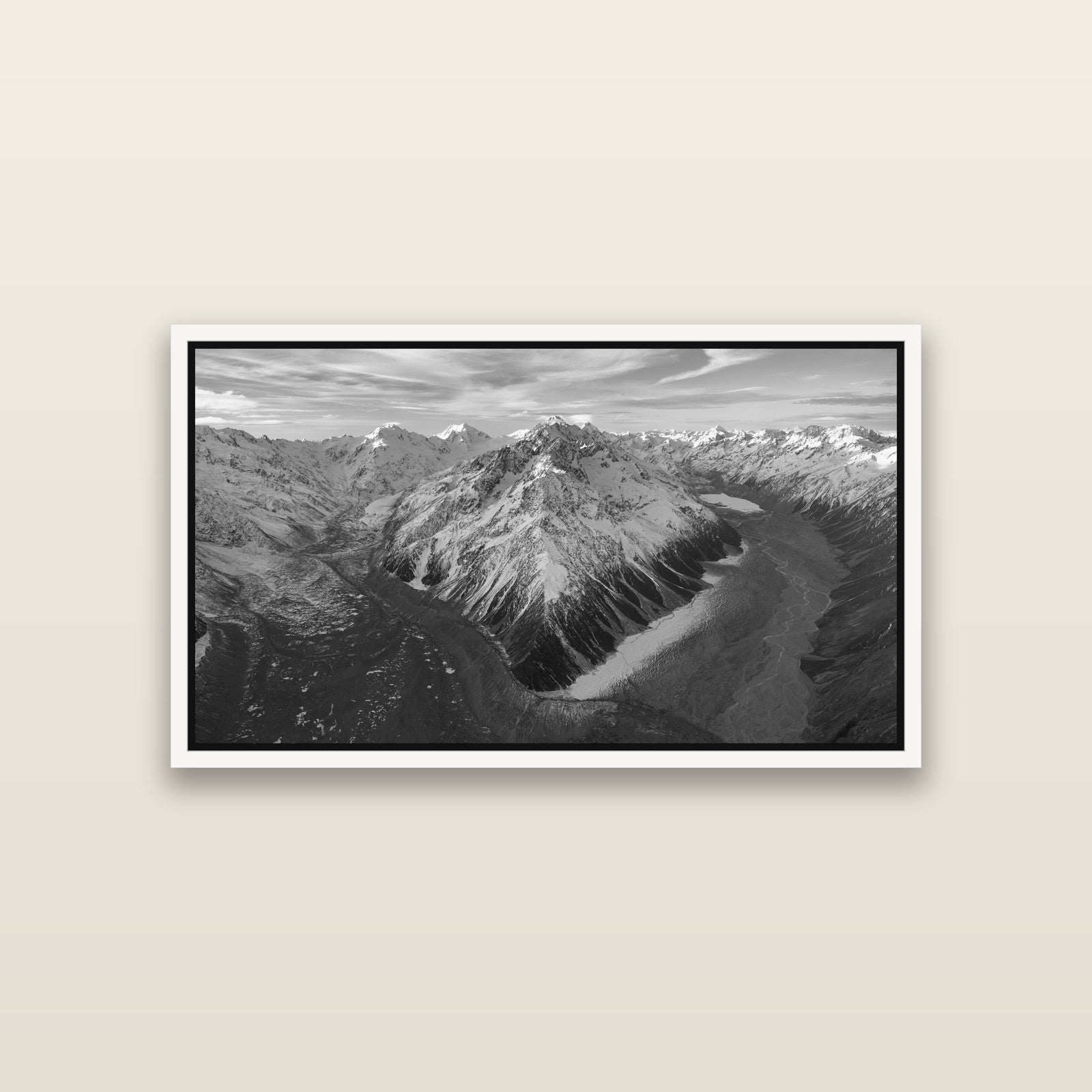 Rivers of Ice, Southern Alps — White framed metallic canvas print, small 81 × 46 cm. New Zealand fine art landscape wall art by Stephen Milner.
