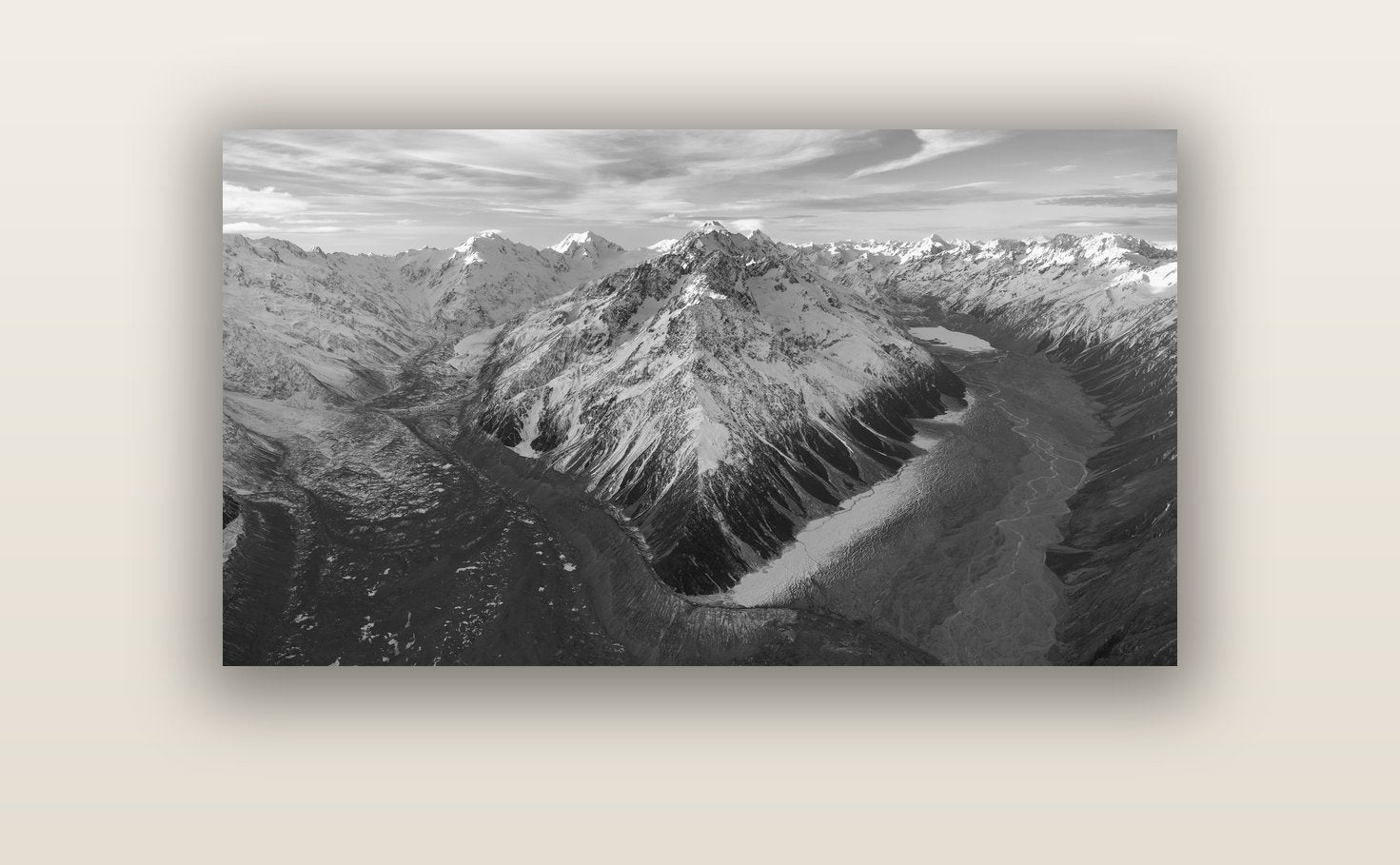 Rivers of Ice, Southern Alps — acrylic glass print, 122 × 61 cm. New Zealand fine art landscape wall art by Stephen Milner.