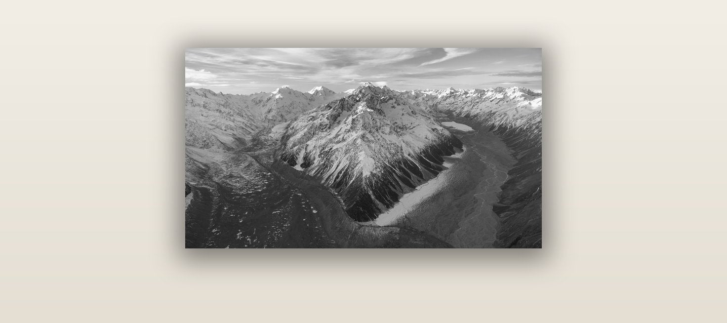 Rivers of Ice, Southern Alps — acrylic glass print, 61 × 30 cm. New Zealand fine art landscape wall art by Stephen Milner.