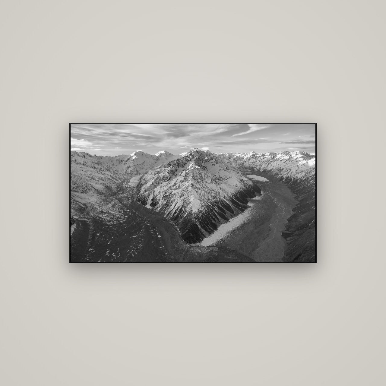 Rivers of Ice, Southern Alps — ArtBox Black, 107×60 cm. New Zealand fine art wall art by Stephen Milner.