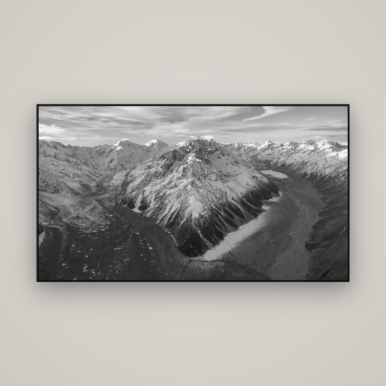 Rivers of Ice, Southern Alps — ArtBox Black, 160×90 cm. New Zealand fine art wall art by Stephen Milner.