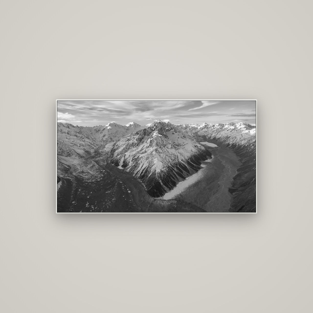 Rivers of Ice, Southern Alps — ArtBox White, 107×60 cm. New Zealand fine art wall art by Stephen Milner.