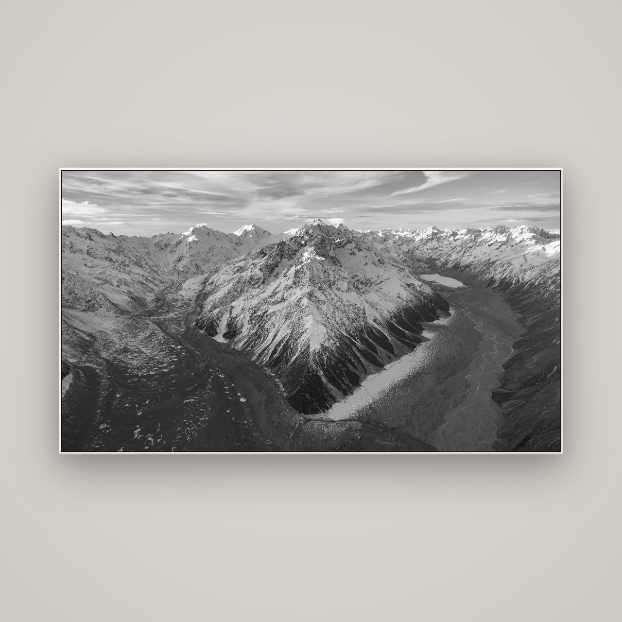 Rivers of Ice, Southern Alps — ArtBox White, 160×90 cm. New Zealand fine art wall art by Stephen Milner.