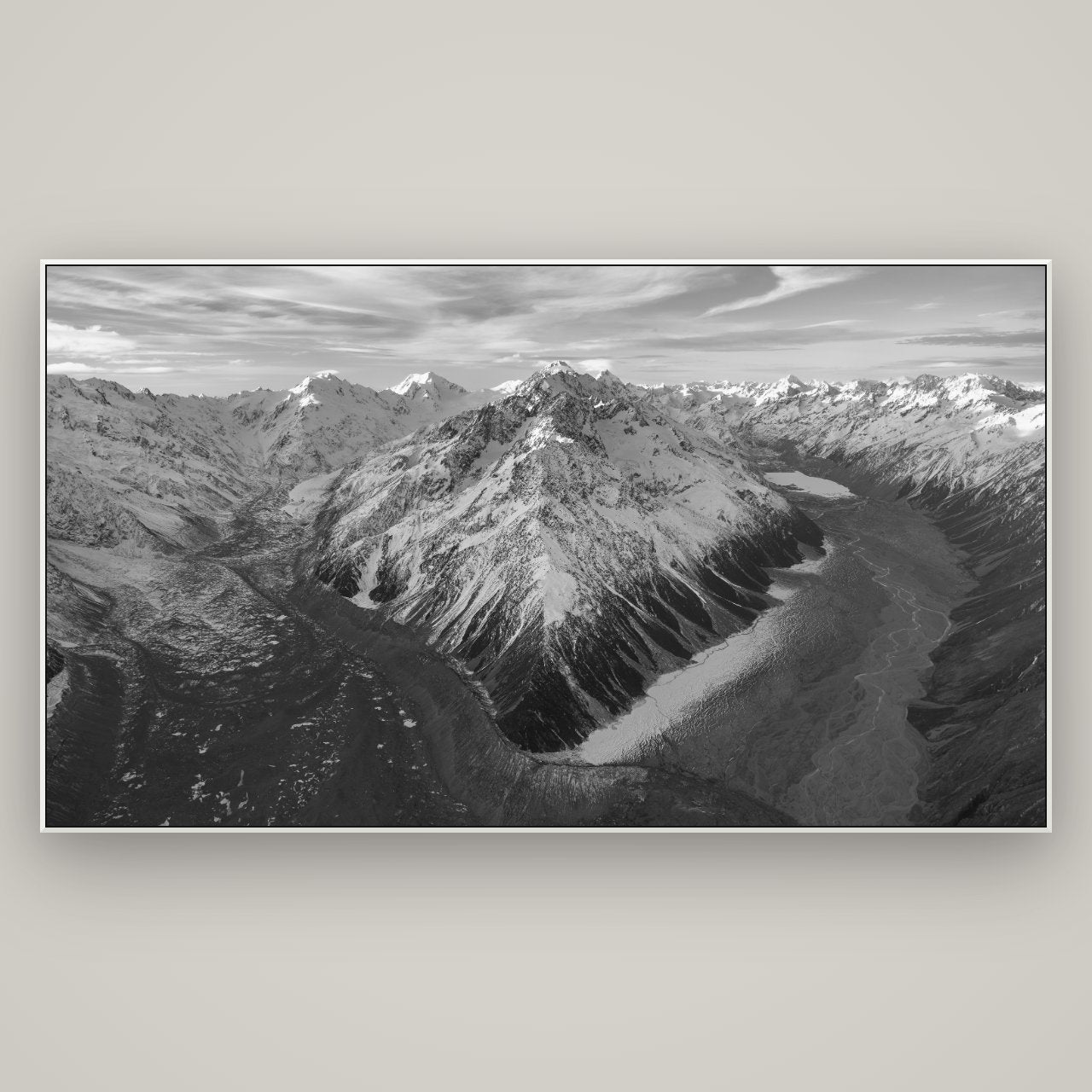 Rivers of Ice, Southern Alps — ArtBox White, 196×110 cm. New Zealand fine art wall art by Stephen Milner.
