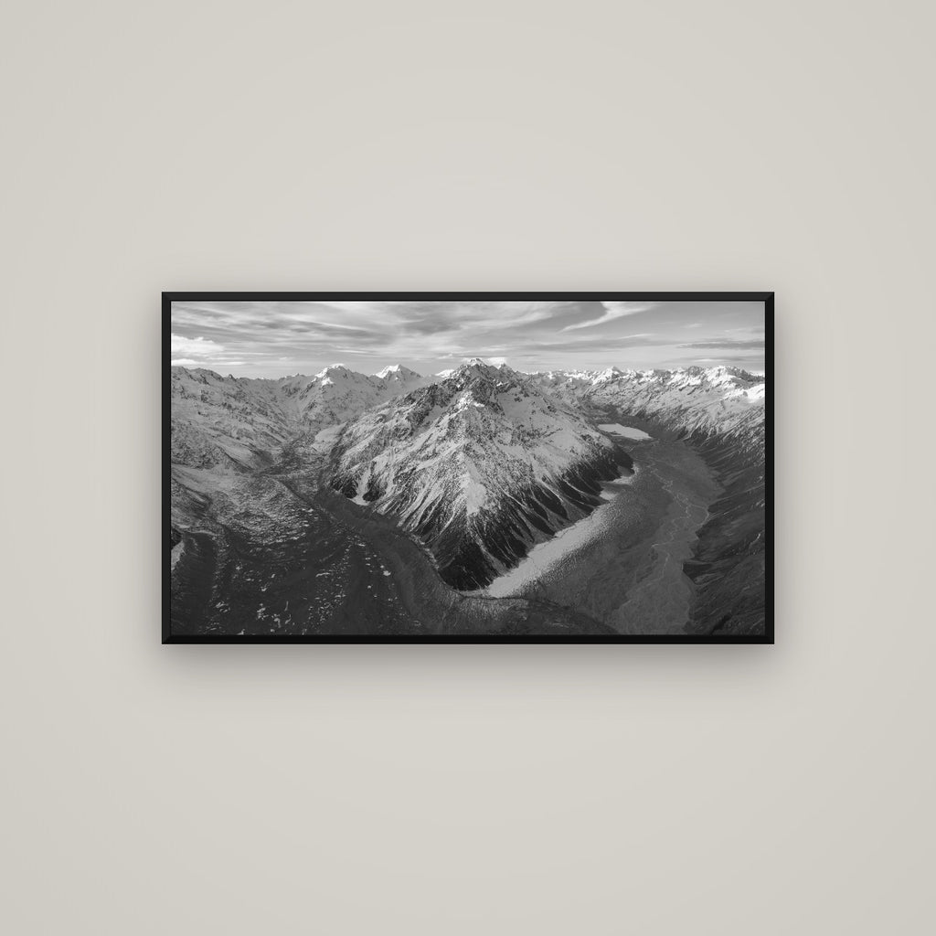 Rivers of Ice, Southern Alps — Basel Black Matte, 107×60 cm. New Zealand fine art wall art by Stephen Milner.