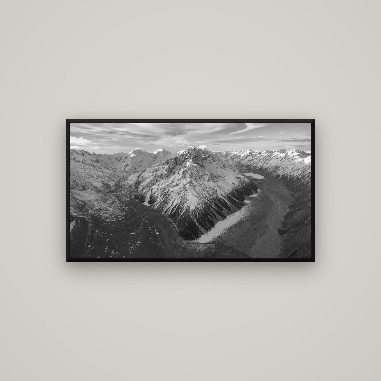 Rivers of Ice, Southern Alps — Basel Black, 107×60 cm. New Zealand fine art wall art by Stephen Milner.