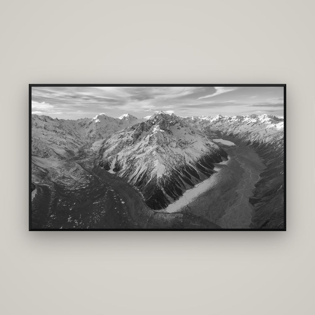 Rivers of Ice, Southern Alps — Basel Black Matte, 160×90 cm. New Zealand fine art wall art by Stephen Milner.