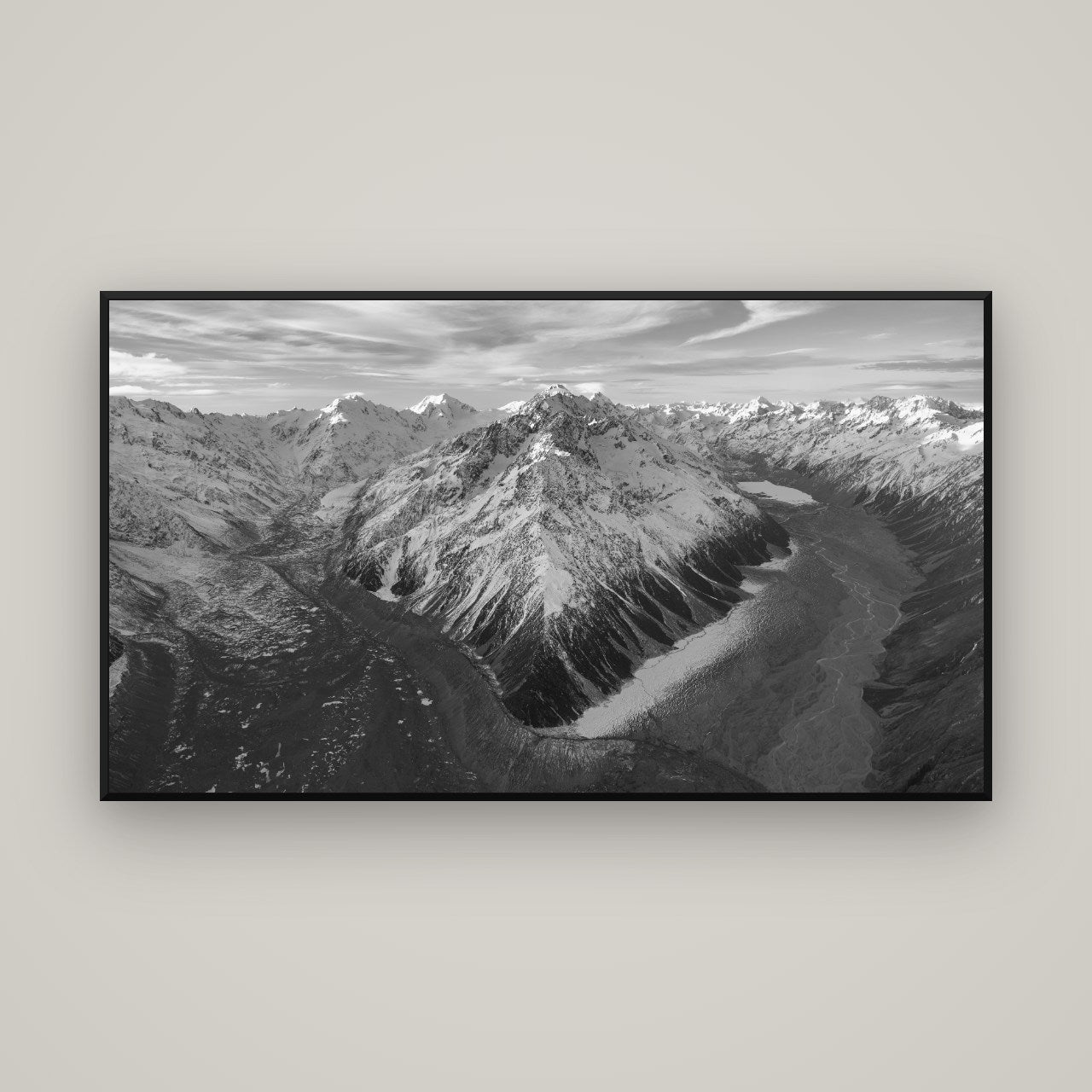 Rivers of Ice, Southern Alps — Basel Black, 160×90 cm. New Zealand fine art wall art by Stephen Milner.