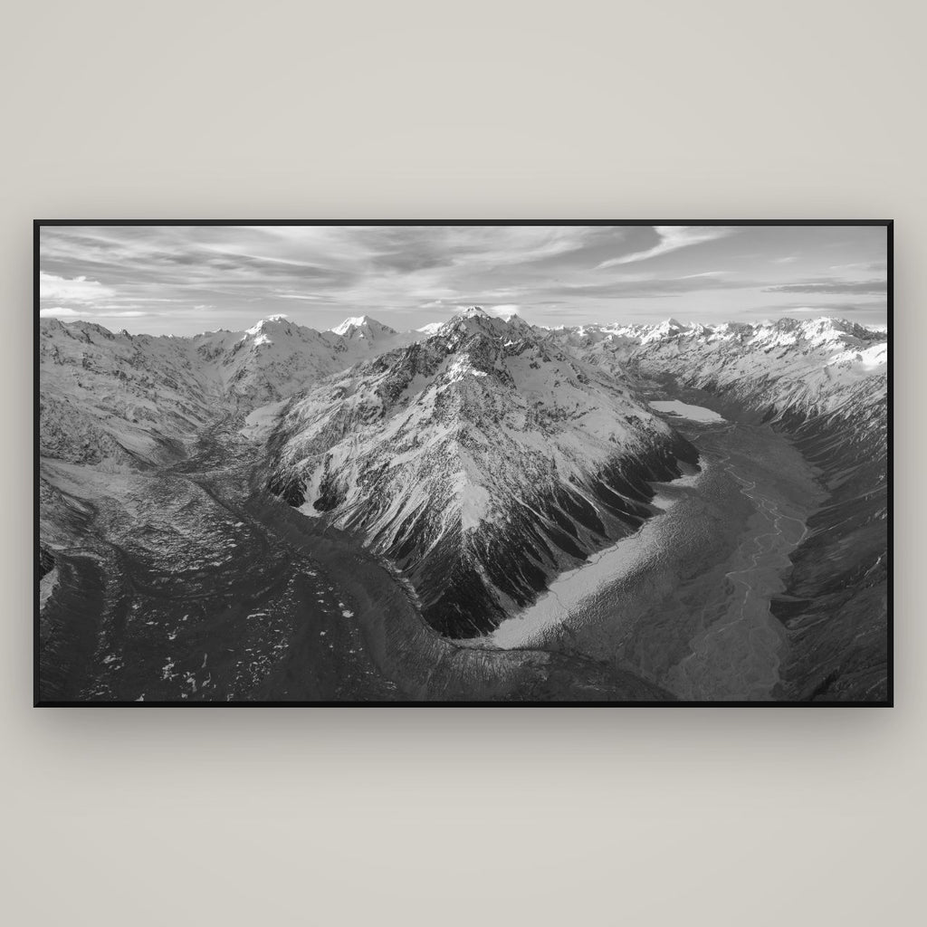 Rivers of Ice, Southern Alps — Basel Black Matte, 196×110 cm. New Zealand fine art wall art by Stephen Milner.