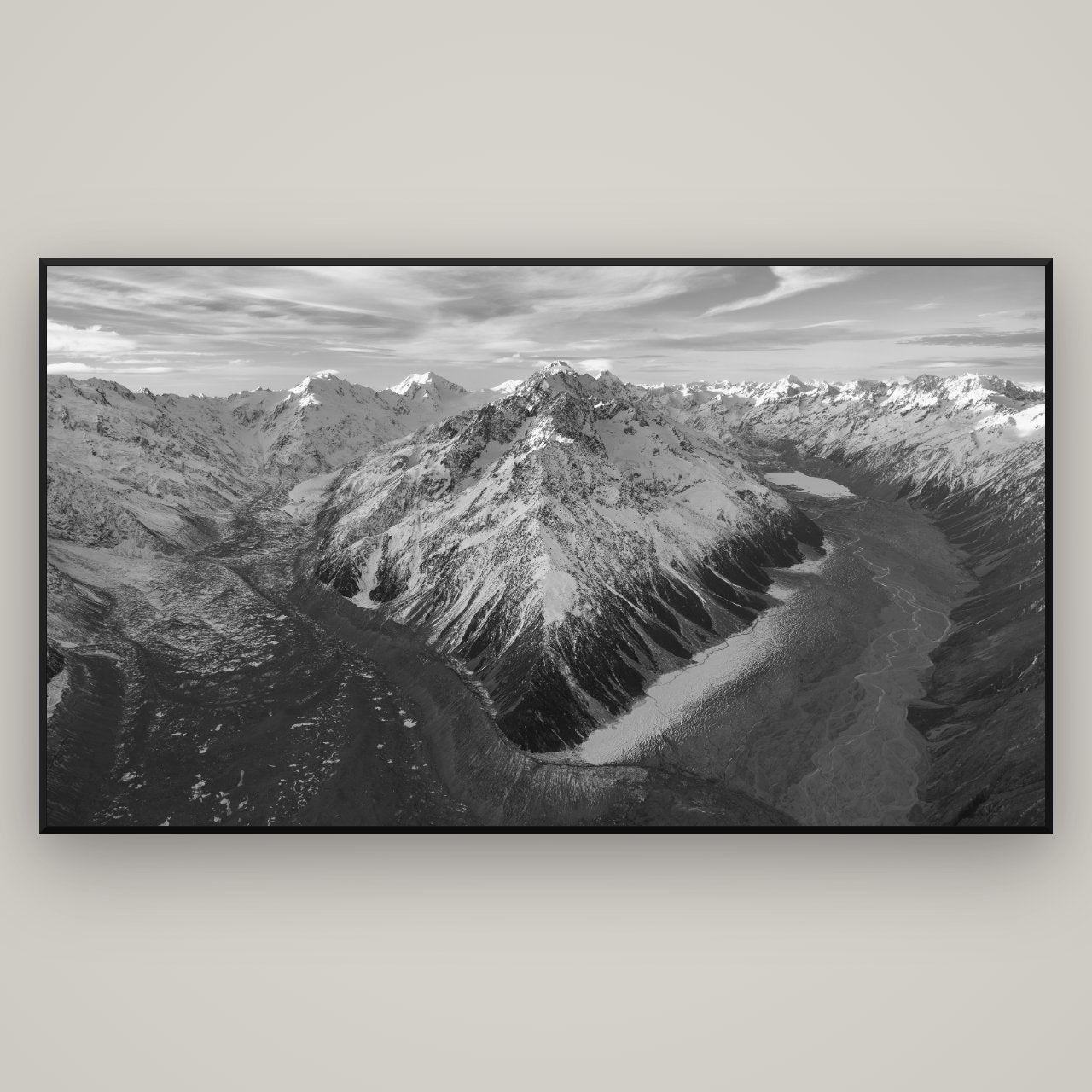 Rivers of Ice, Southern Alps — Basel Black, 196×110 cm. New Zealand fine art wall art by Stephen Milner.